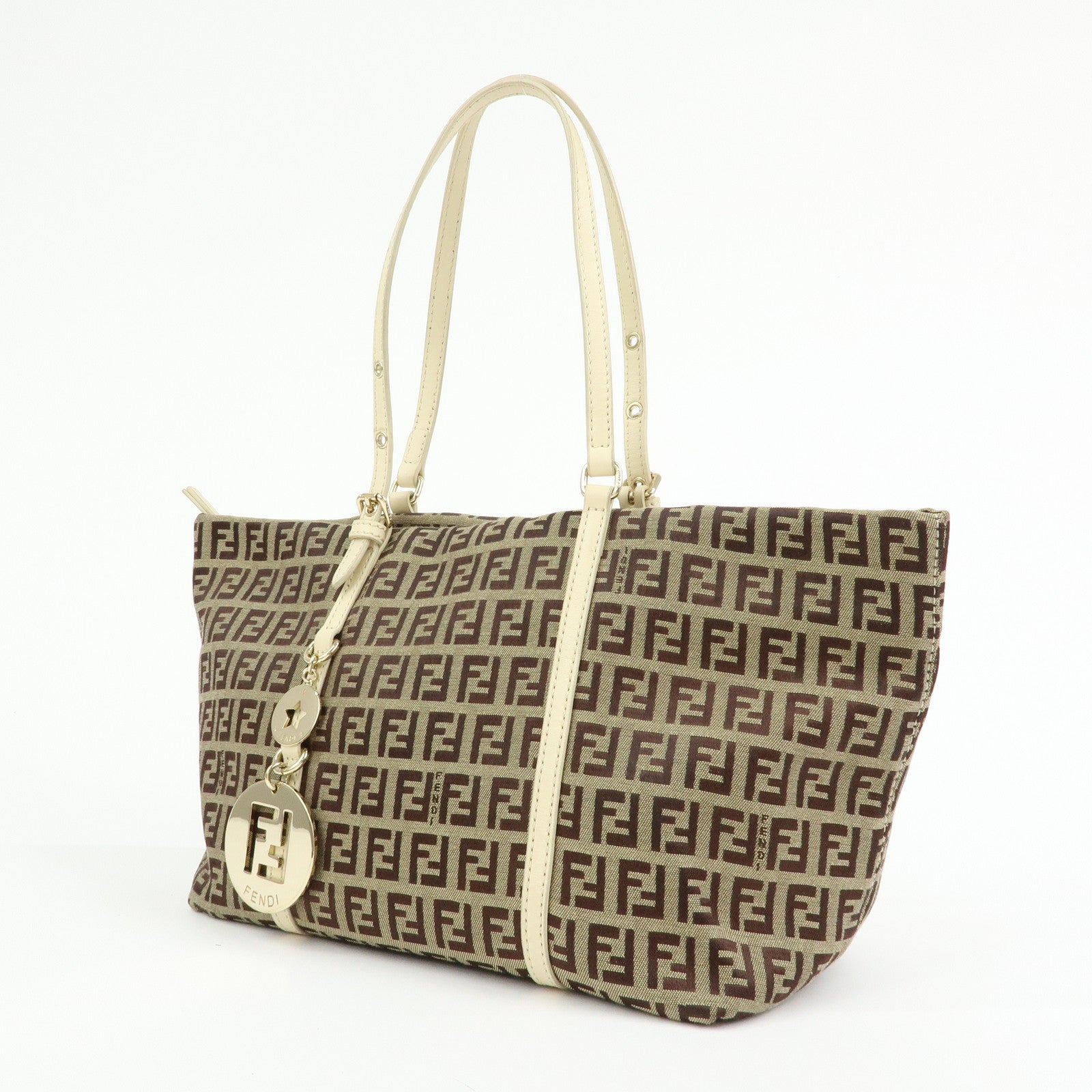 FENDI Zucchino Canvas Leather Tote Bag Hand Bag Brown Ivory 8BH214