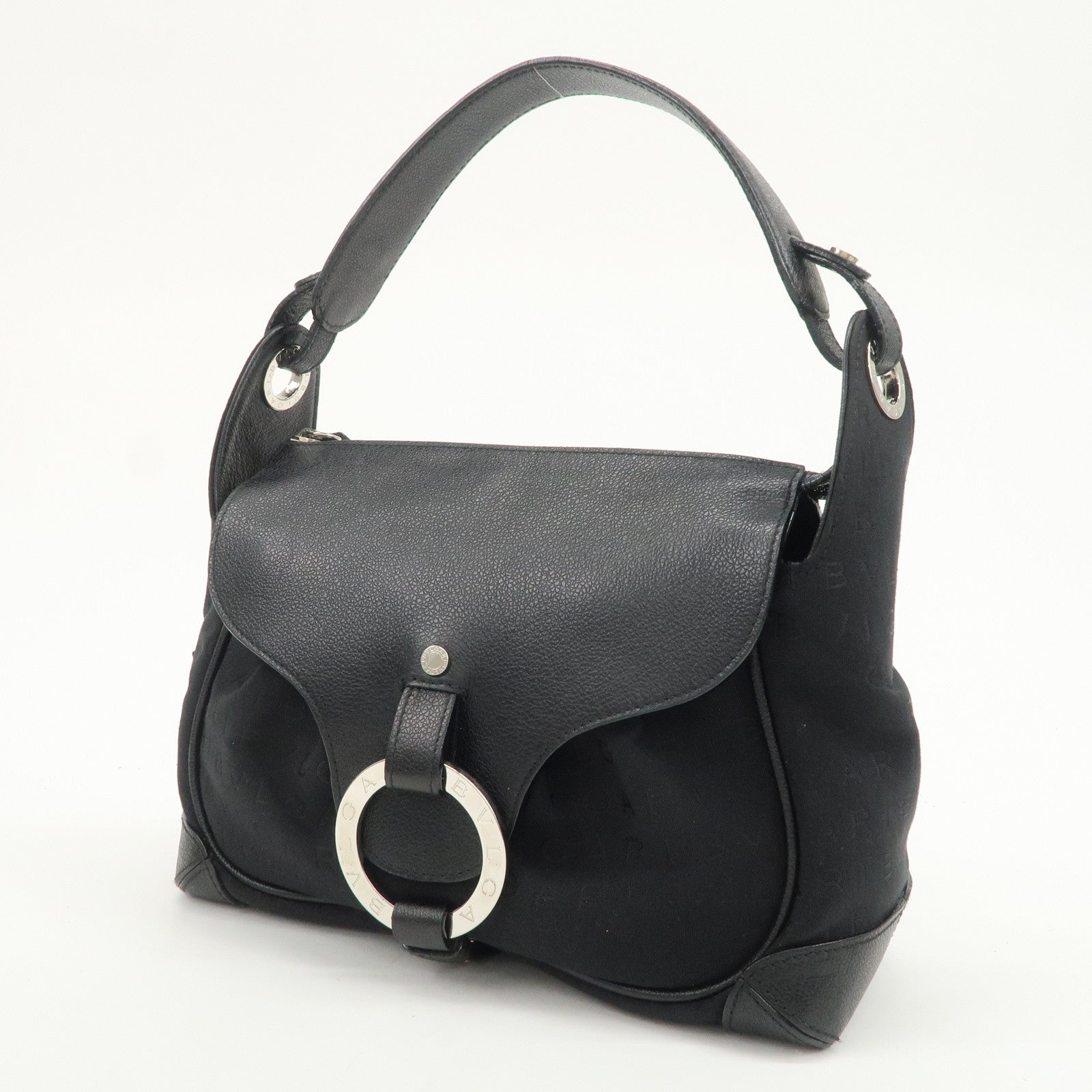 BVLGARI Logo Mania Canvas Leather Hand Bag Shoulder Bag Black