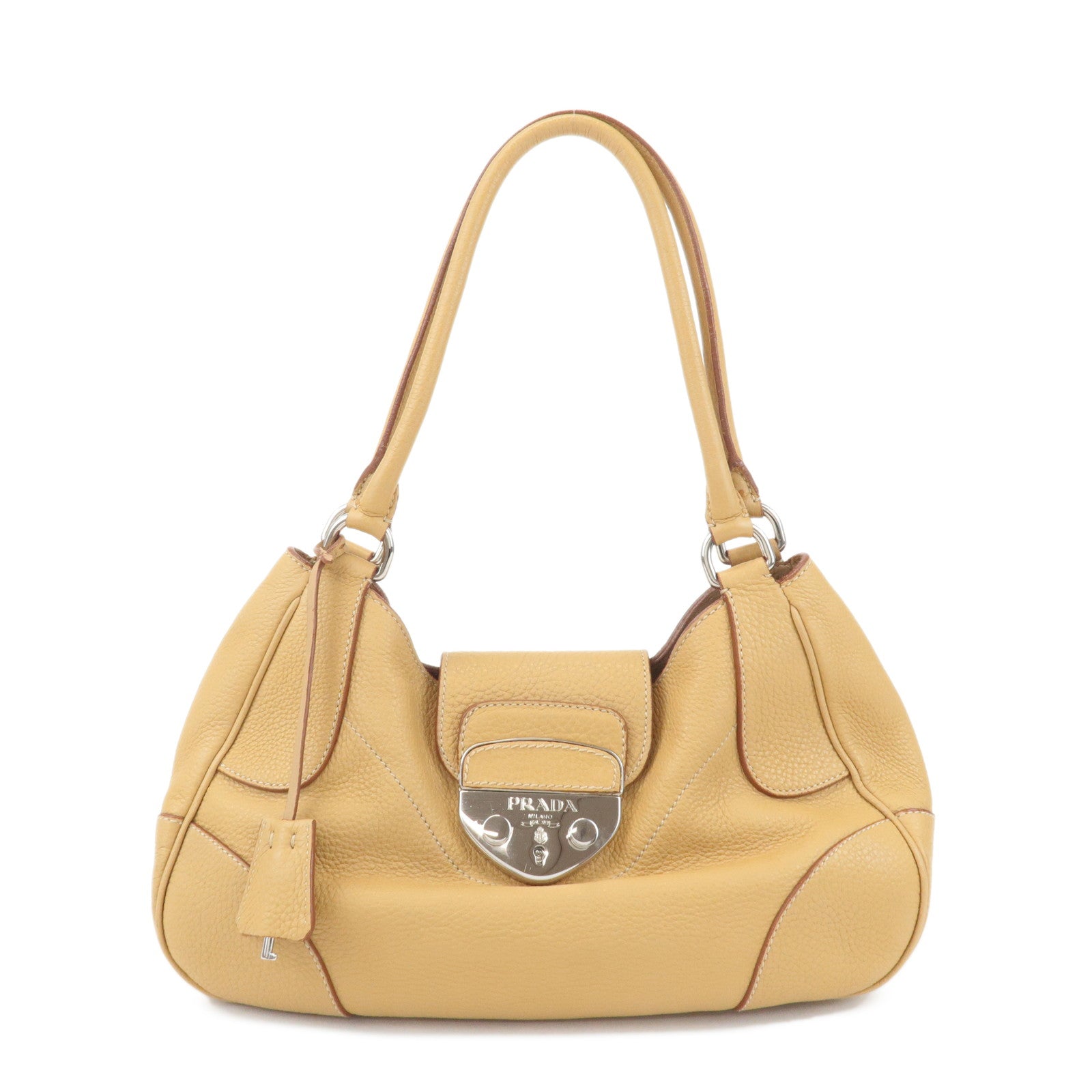 PRADA Leather Shoulder Bag Hand Bag Beige Silver HDW Used