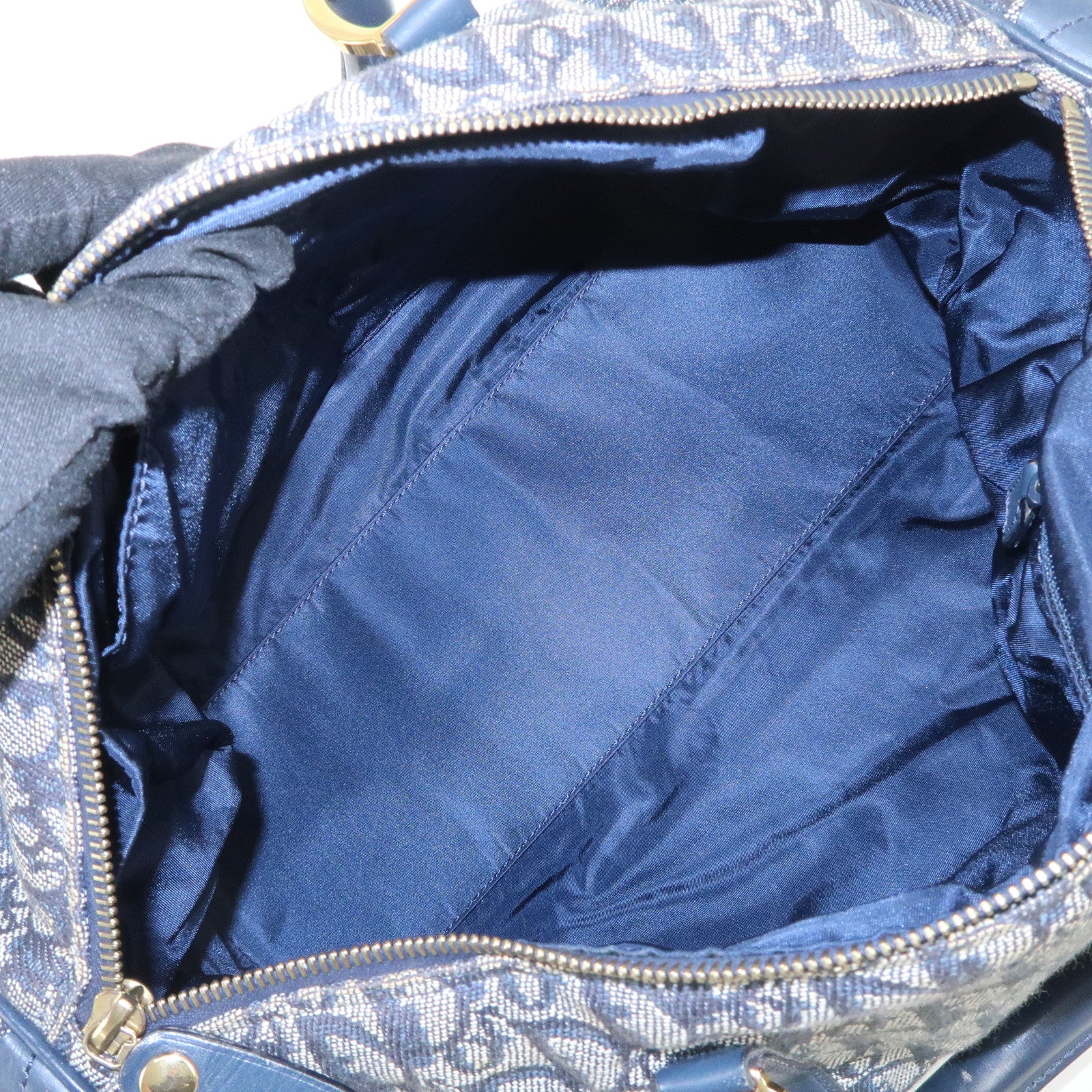 Christian Dior Trotter Jacquard Canvas Leather Boston Bag Navy