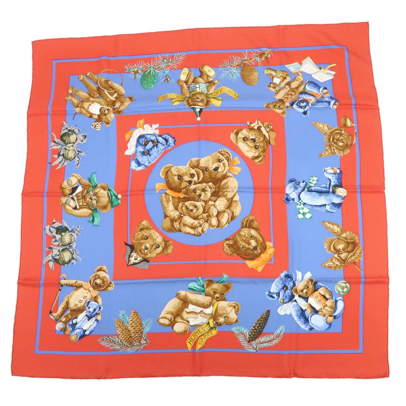HERMES Carre 90 Silk 100% Scarf Confidents des Coeurs Red Blue
