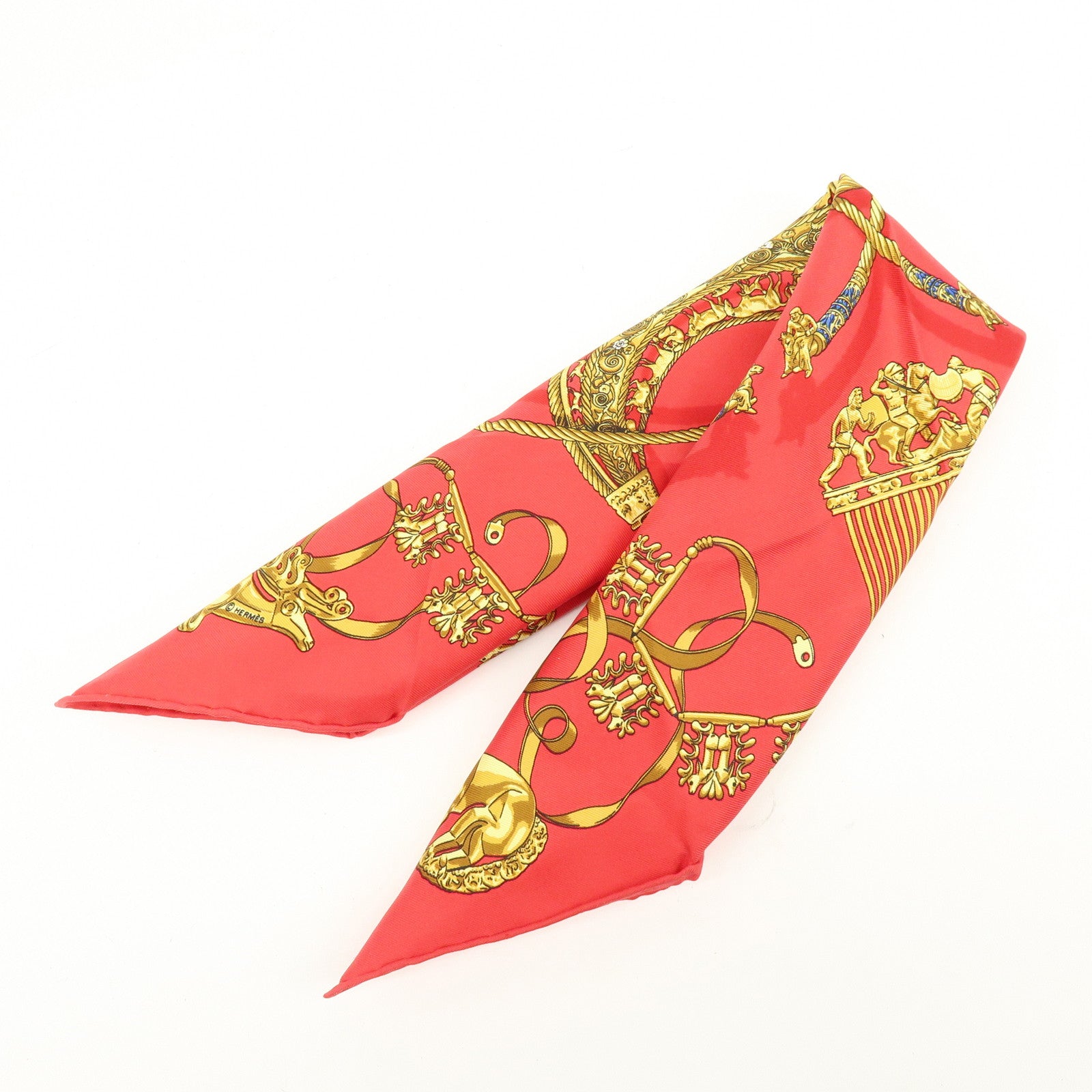HERMES Carre 40 Silk Scarf LES CAVALIERS D'OR Knight Motif Red Gold