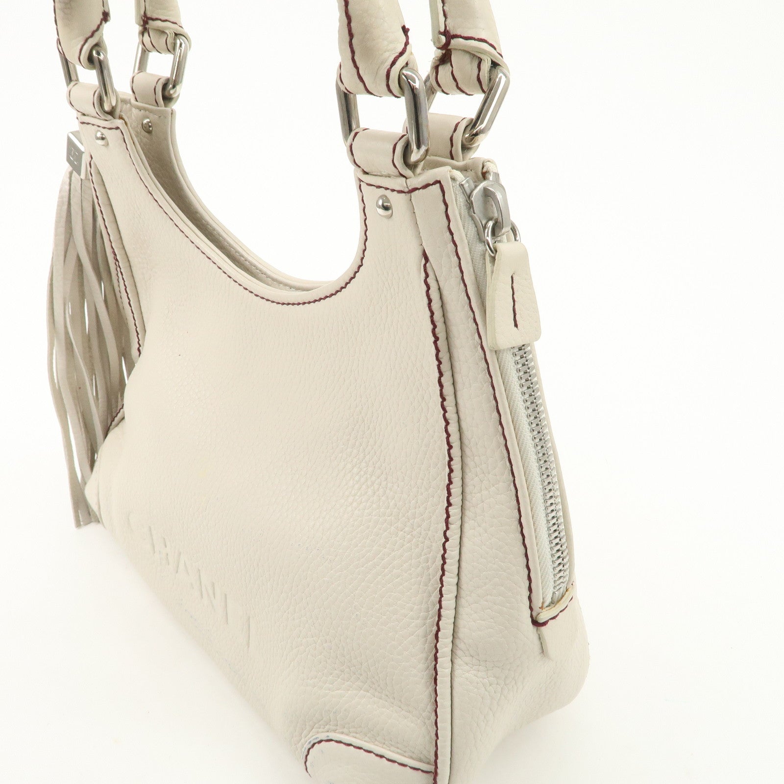 CHANEL Logo Calf Leather Fringe Tassel Shoulder Bag Hand Bag White A23055 Used
