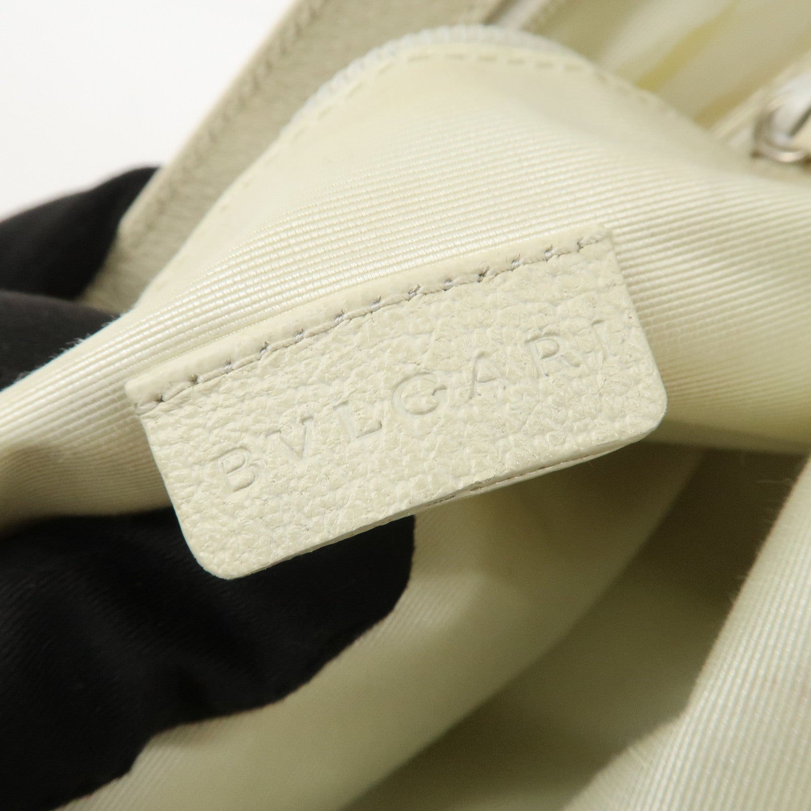 BVLGARI Logo Mania Leather Canvas Shoulder Bag Ivory Light Blue Used