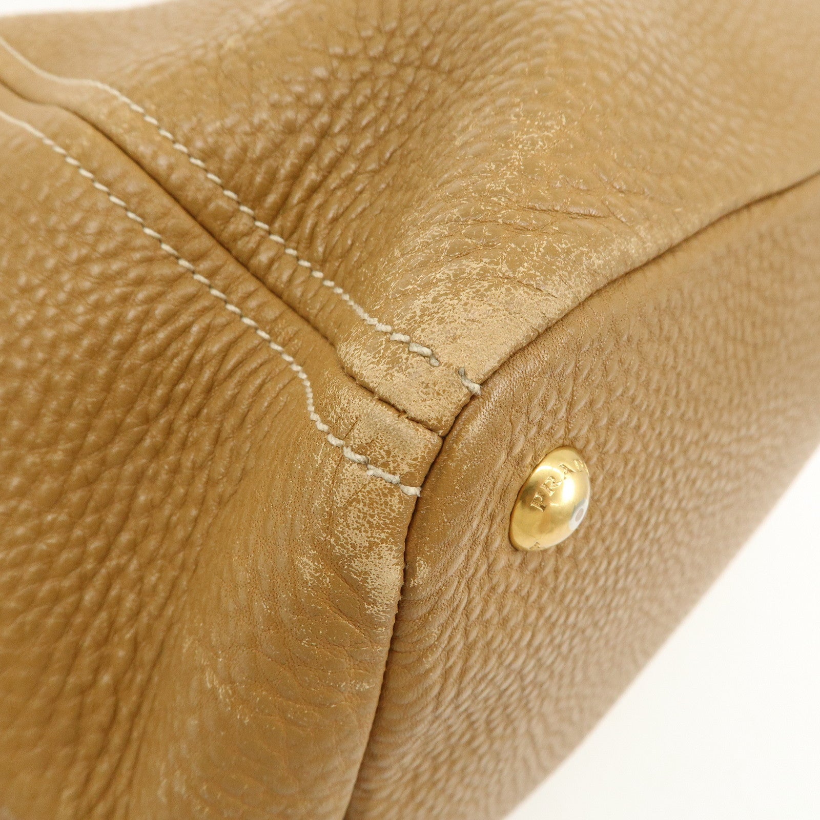PRADA Leather Tote Bag Hand Bag Shoulder Bag Beige Gold HDW Used