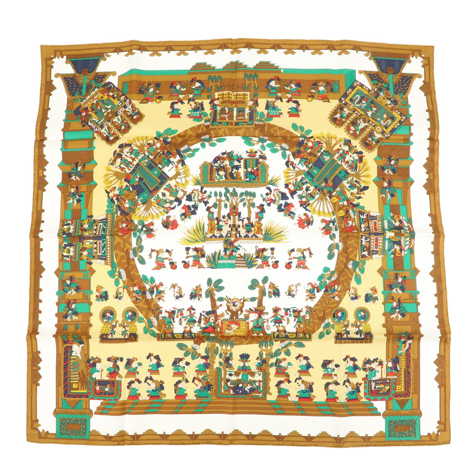 HERMES Carre 90 Silk 100% Scarf ASTRES et SOLEILS Brown Green White