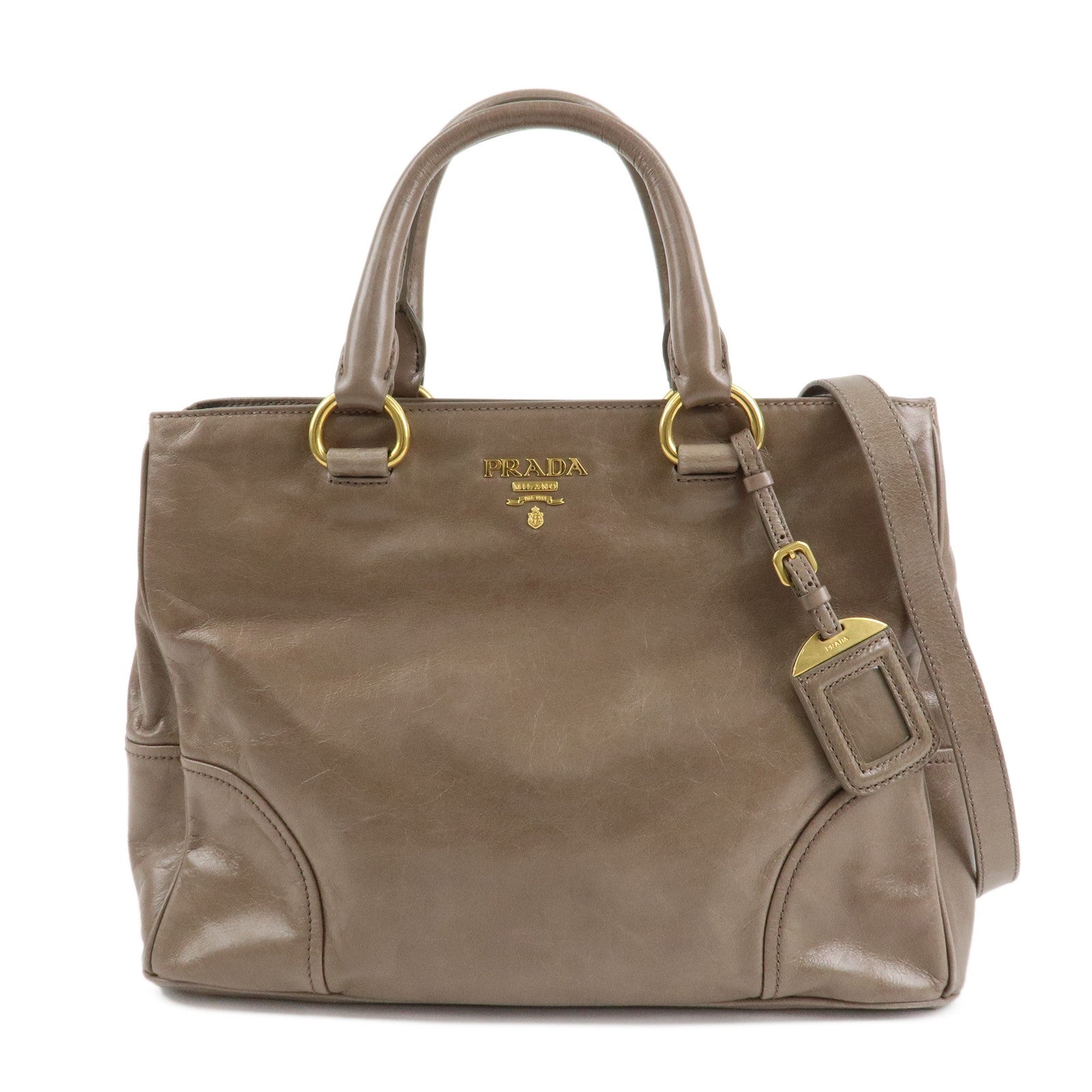 PRADA Logo Leather 2Way Bag Hand Bag Shoulder Bag Greige BN2533 Used