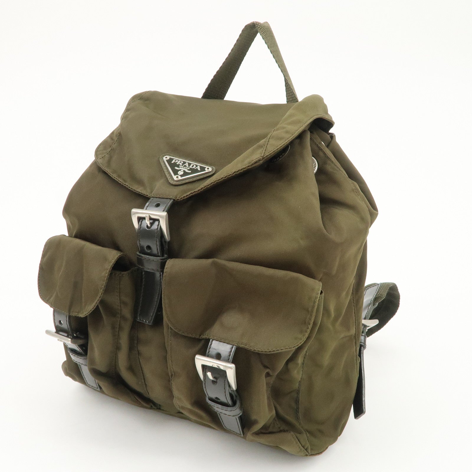 PRADA Triangle Logo Nylon Leather Backpack Ruck Sack Khaki B6677 Used