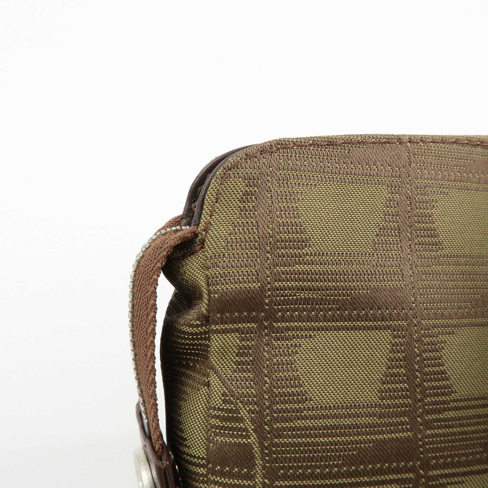 CHANEL New Travel Line Nylon Jacquard Leather Cosmetic Pouch Khaki