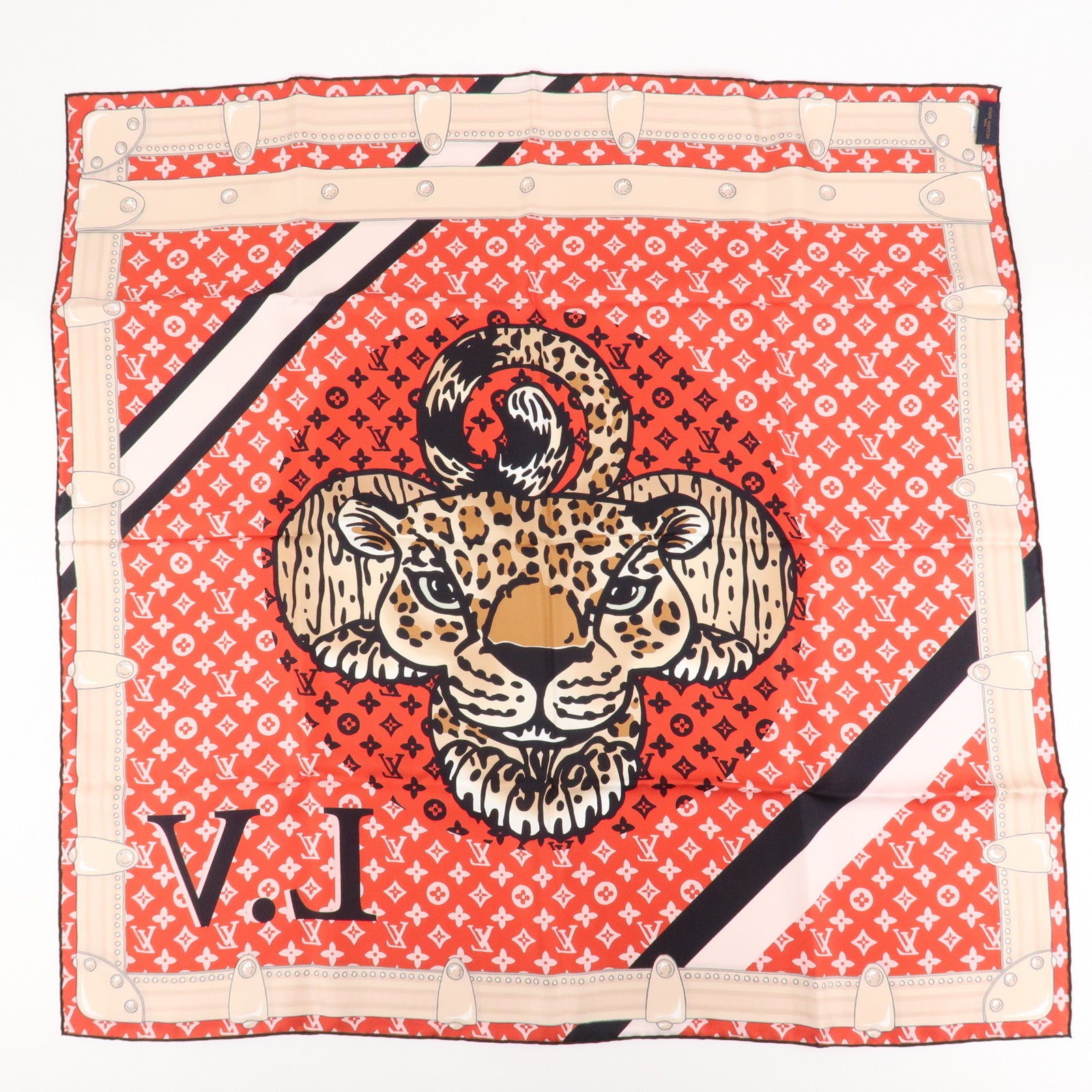 Louis Vuitton Monogram Carre Animal Silk 100% Scarf Red Beige M70693 Used