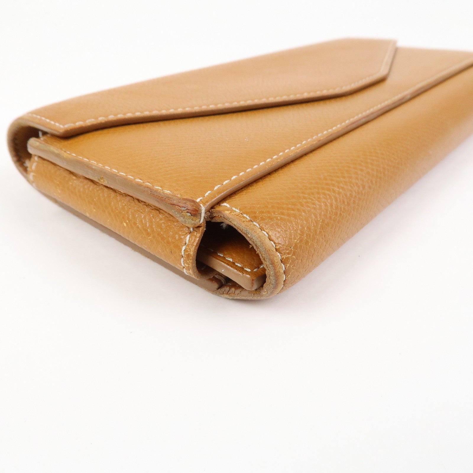 HERMES Logo Leather Passant X Stamped Flap Long Wallet Brown