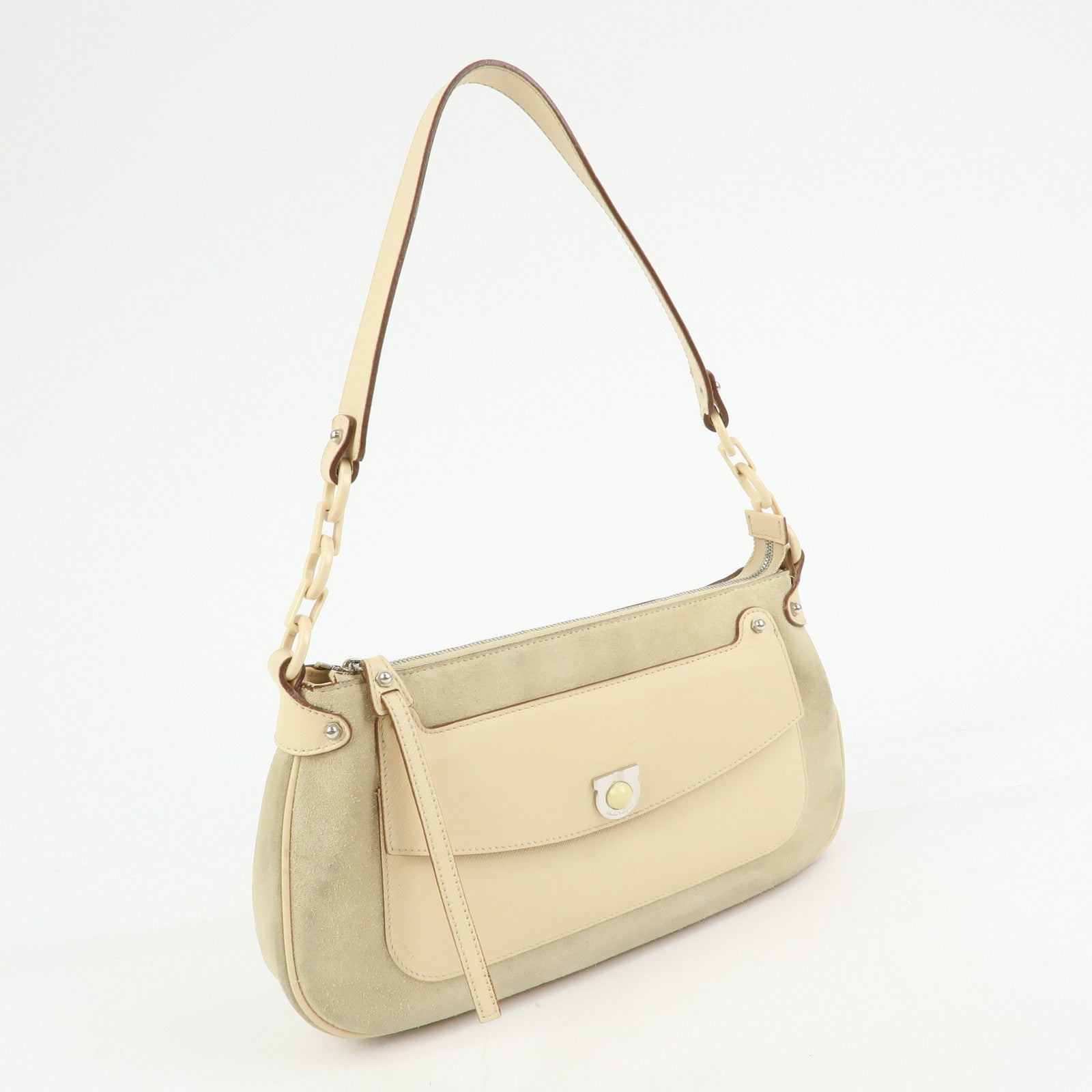 Ferragamo Gancini Suede Leather Shoulder Bag Hand Bag Beige