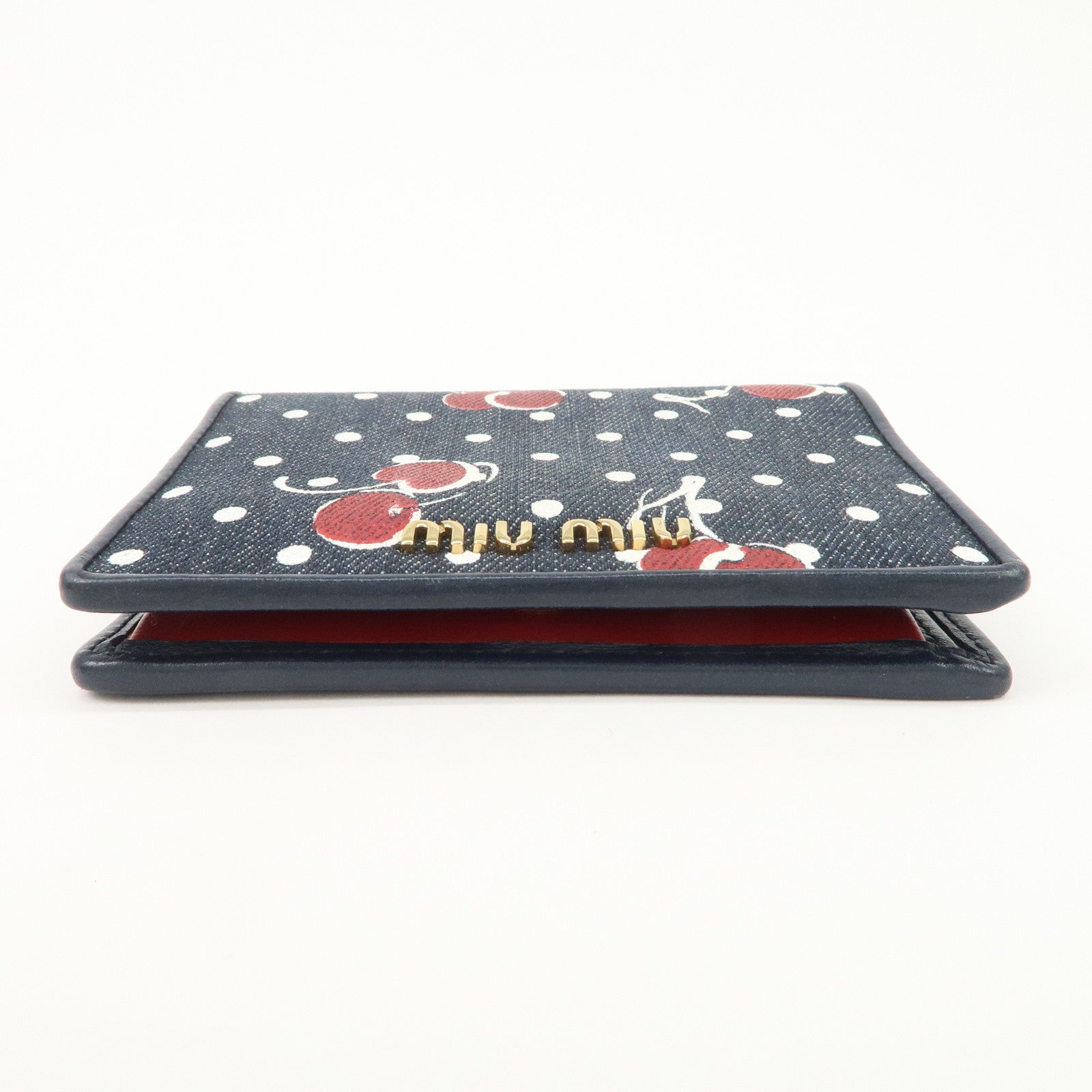 MIU MIU Cherry Denim Leather Bifold Compact Wallet Navy Red Used