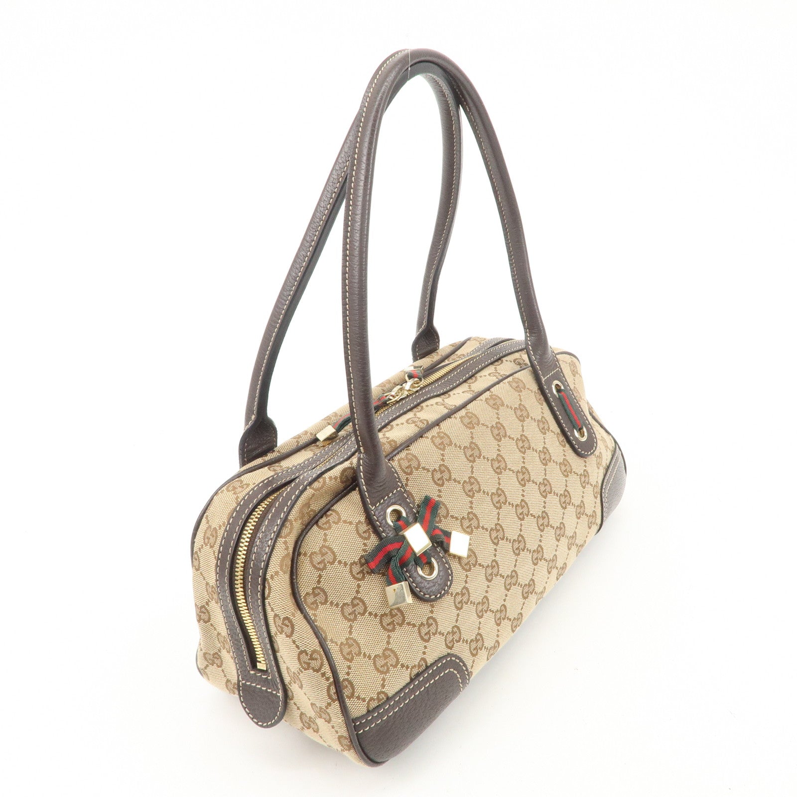 GUCCI Sherry Princy Canvas Leather Boston Bag Beige Brown 161720 Used