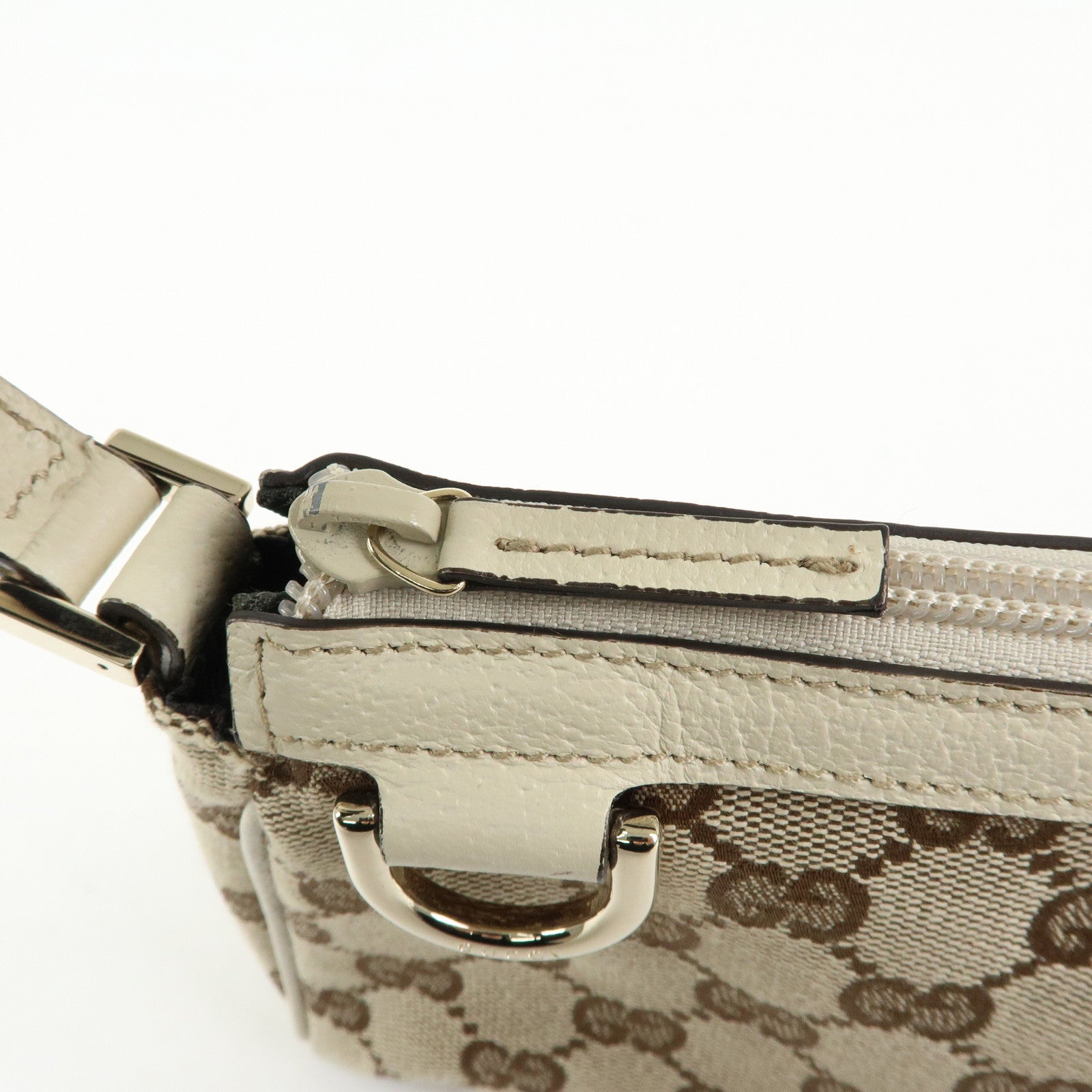 GUCCI GG Canvas Leather Accessory Pouch Hand Bag Beige White 145750