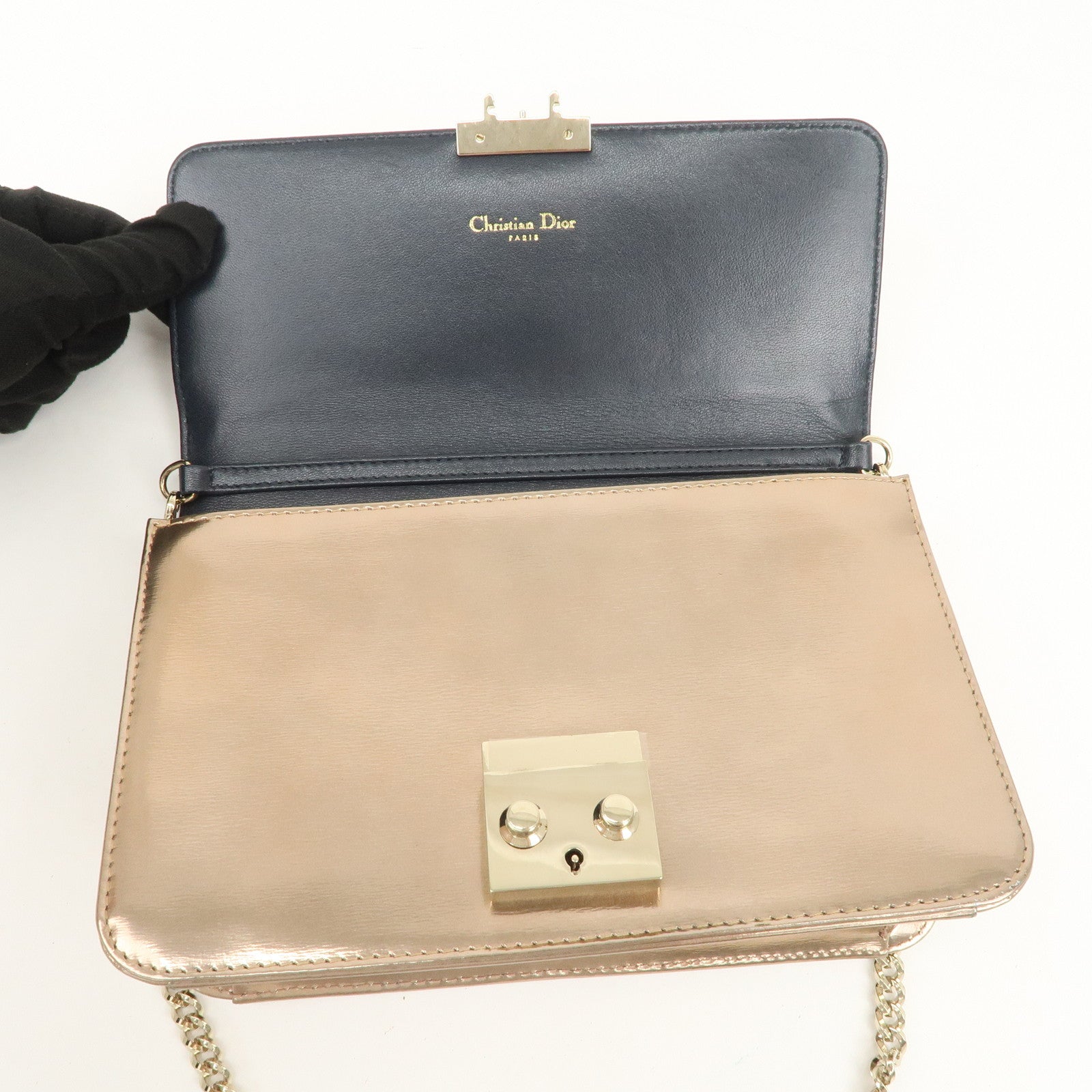 Christian Dior Patent Leather Chain Shoulder Bag Metallic Pink Used