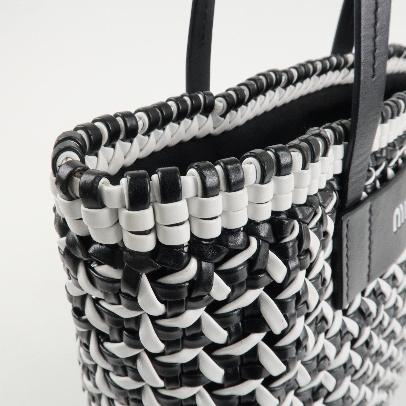 MIU MIU Leather Braid Tote Bag Shoulder Bag Black White 5BG193 Used