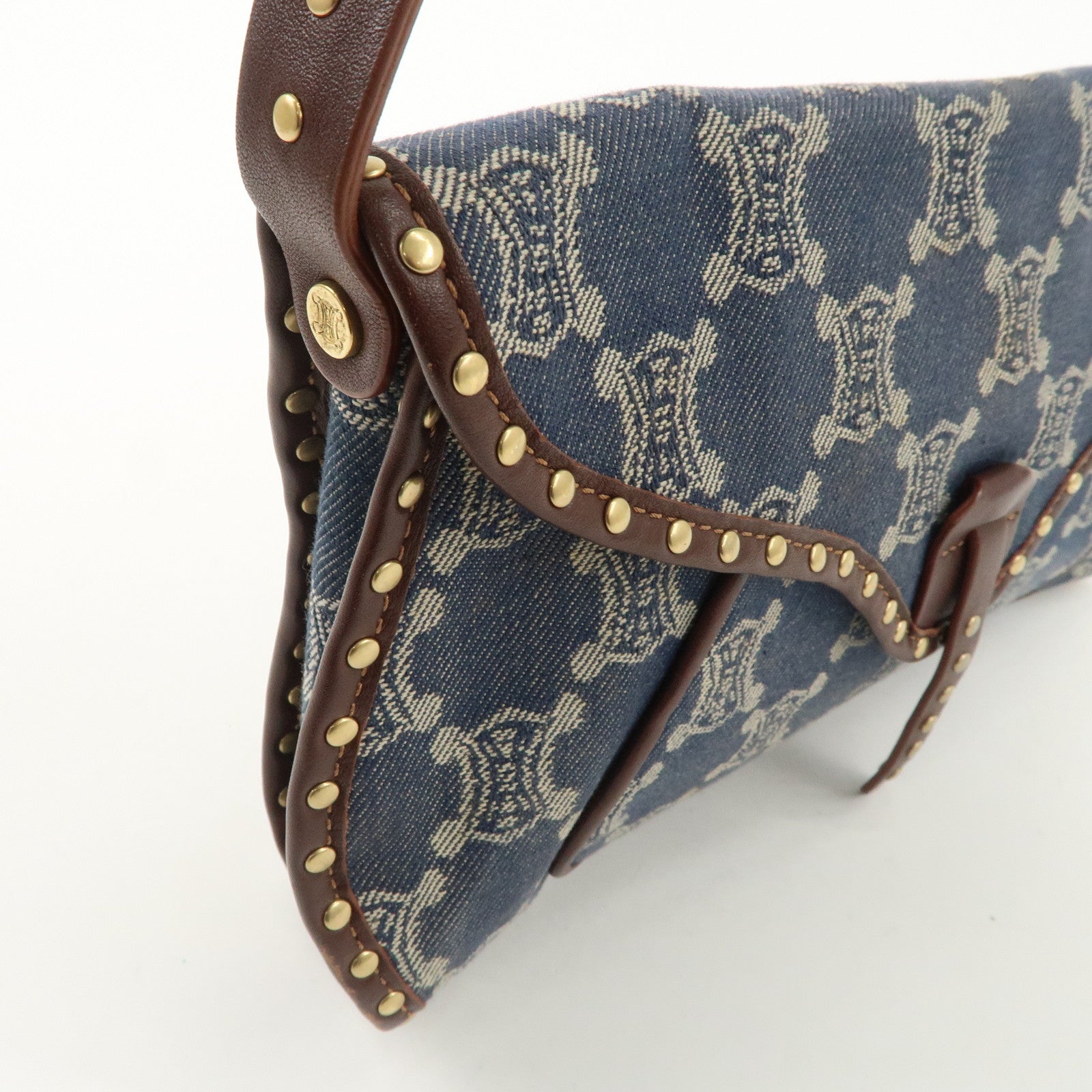 CELINE Macadam Studs Denim Leather Shoulder Bag Dark Brown Navy Used