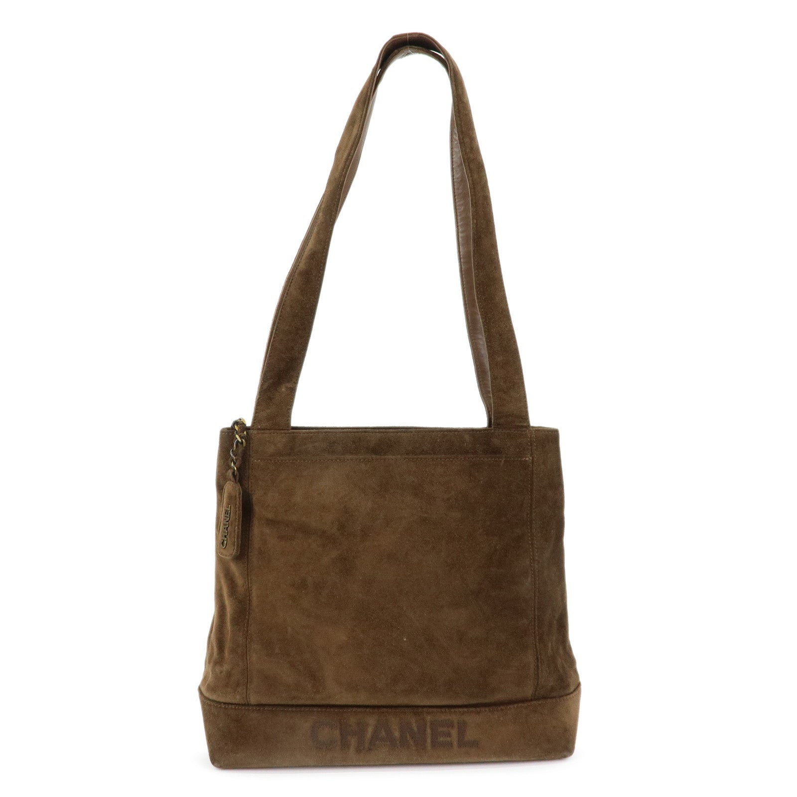 CHANEL Logo Suede Tote Bag Shoulder Bag Brown
