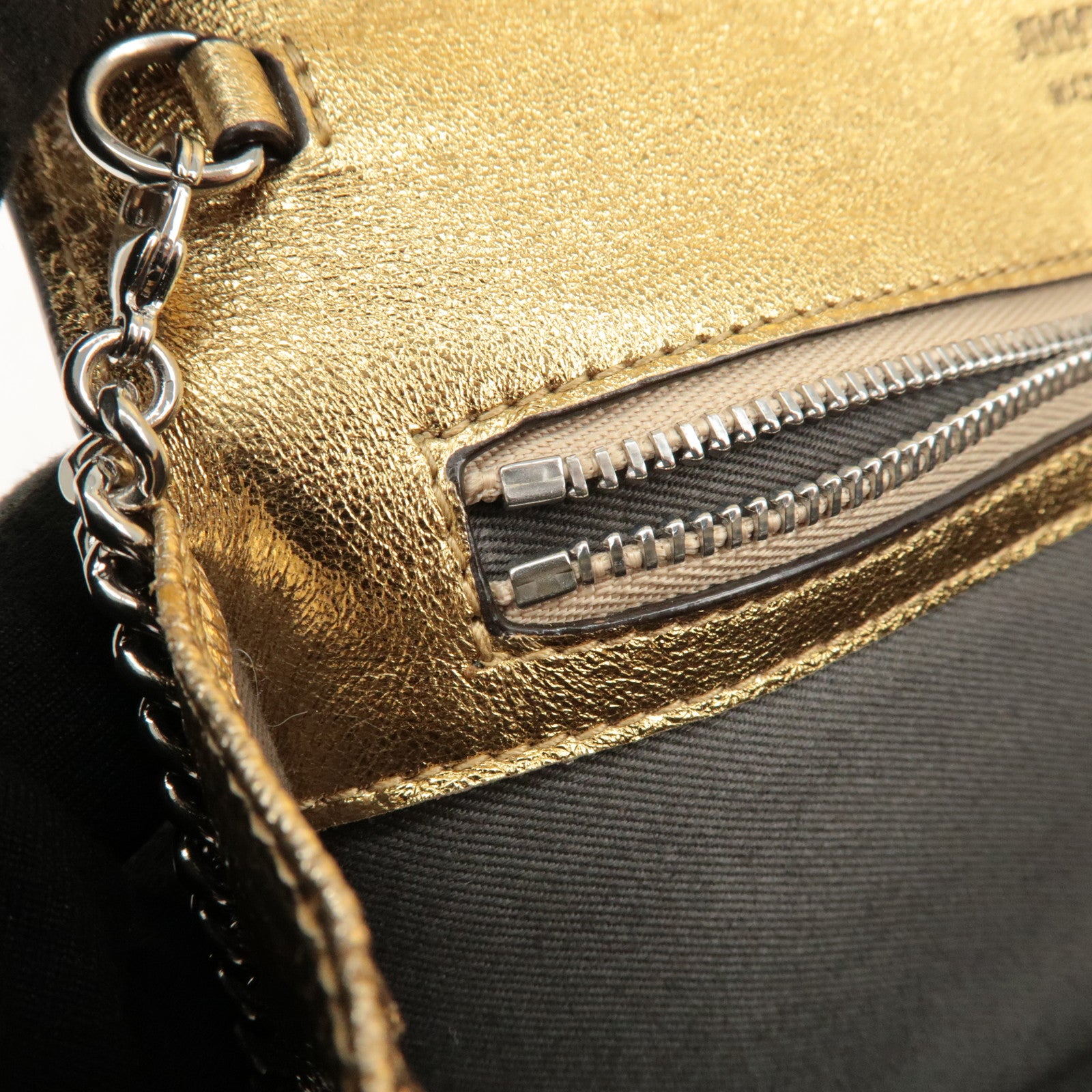 JIMMY CHOO Leather Rhine Stone Chain Wallet Gold Silver HDW Used