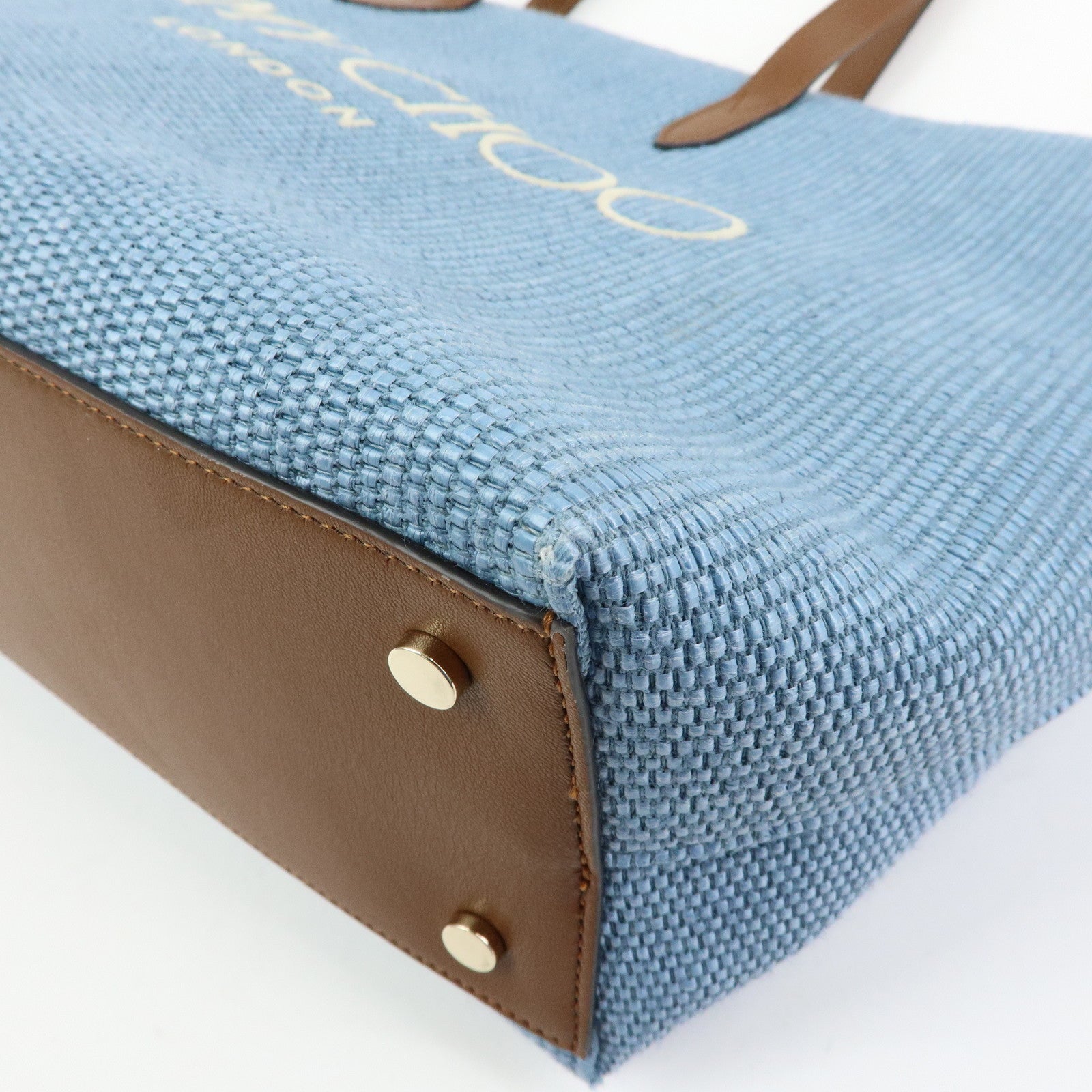 JIMMY CHOO Raffia Leather Tote Bag Shoulder Bag Blue Brown