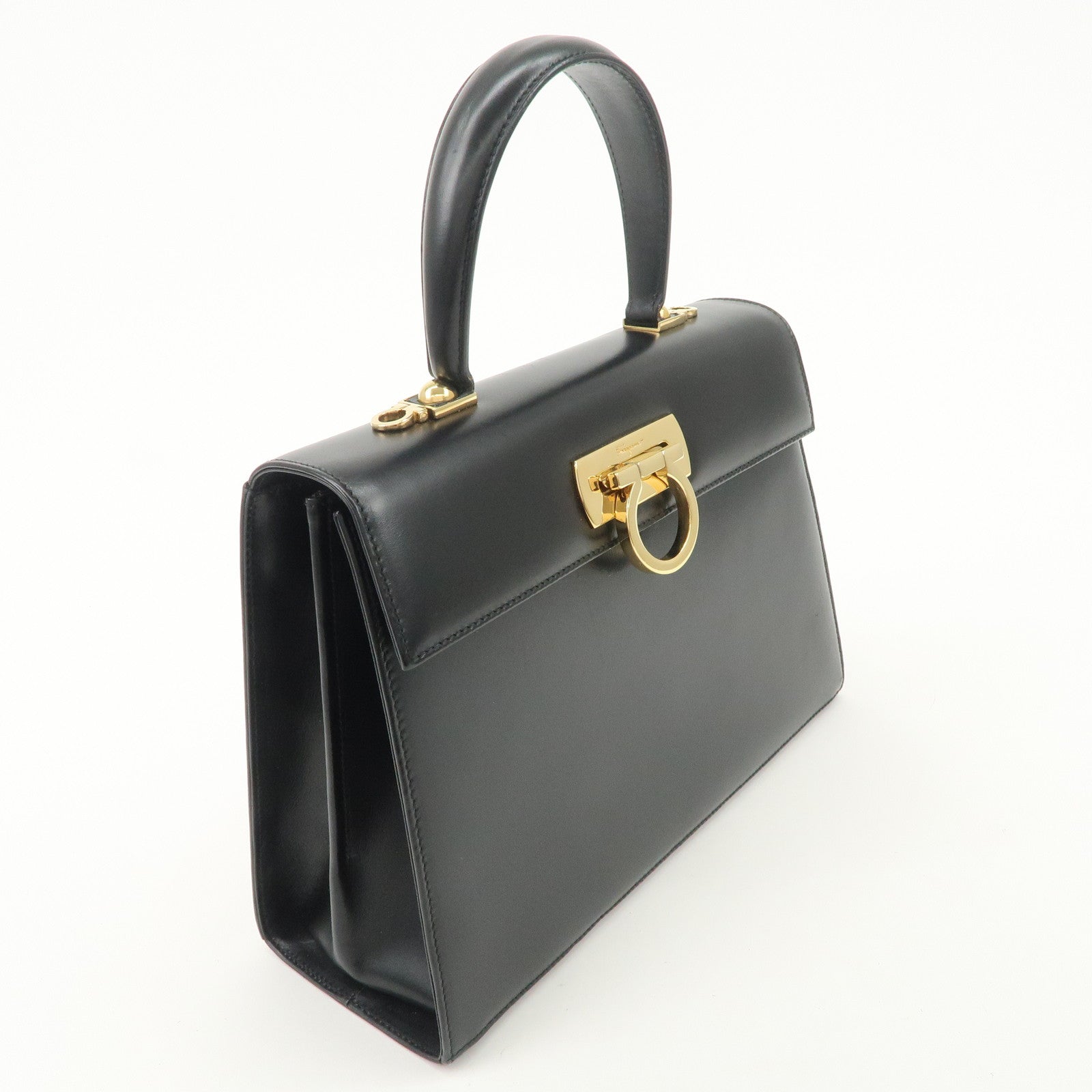 Ferragamo Gancini Leather 2Way Bag Hand Bag Shoulder Bag Black