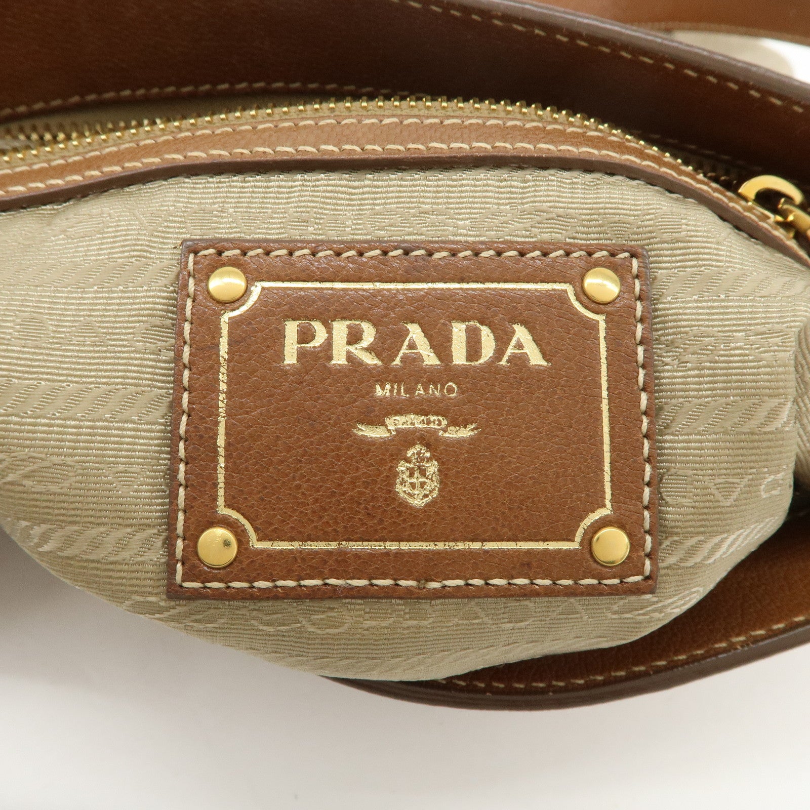 PRADA Logo Jacquard Leather Shoulder Bag Crossbody Bag Beige Brown