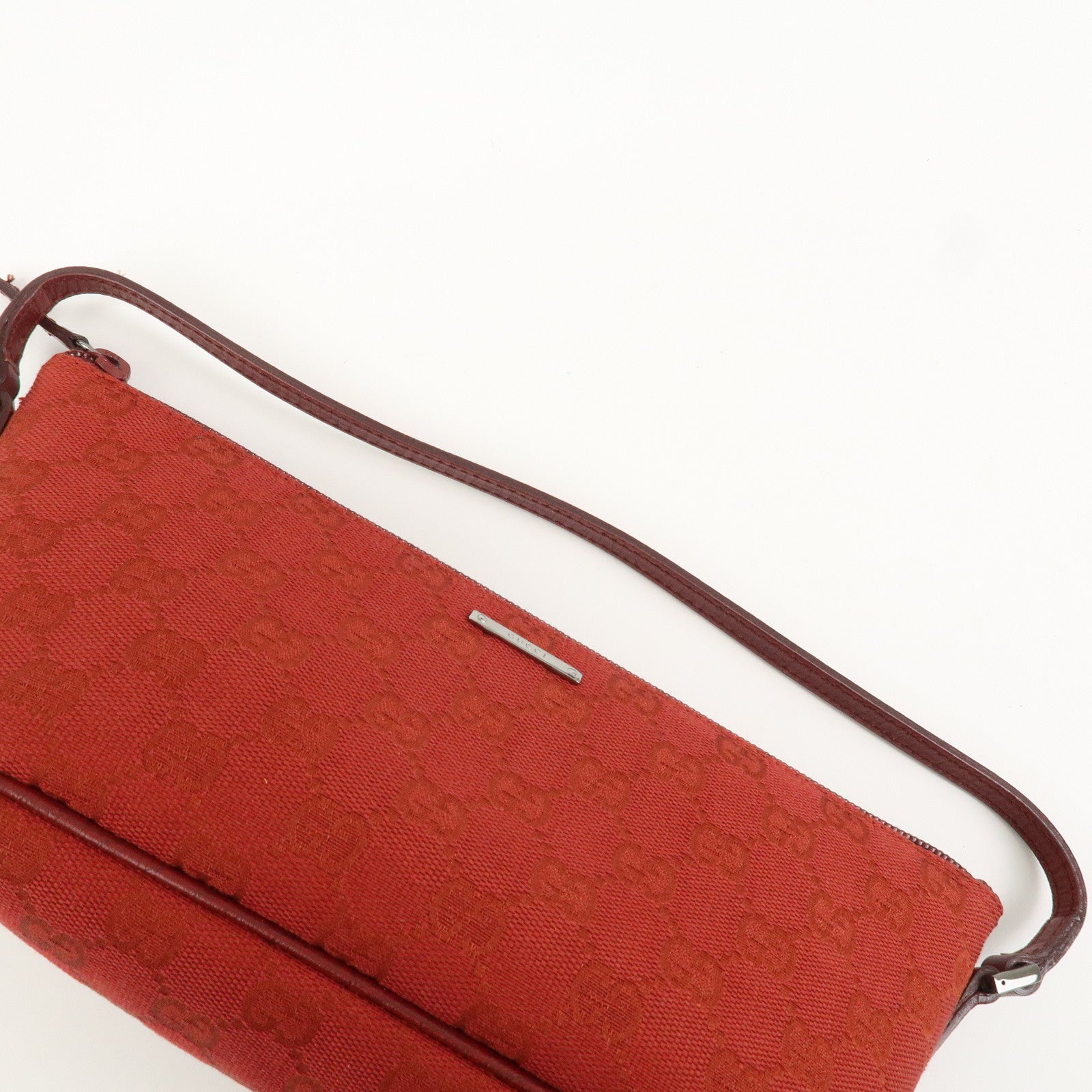 GUCCI Boat Bag GG Canvas Leather Hand Bag Pouch Red 07198