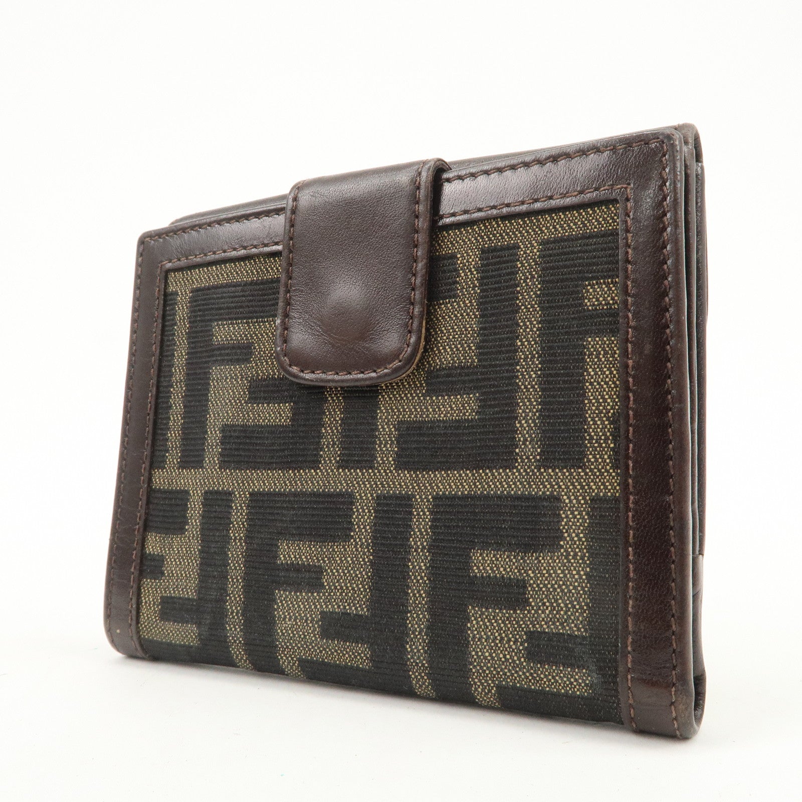 FENDI Zucca Logo Canvas Leather Compact Wallet Brown 12671