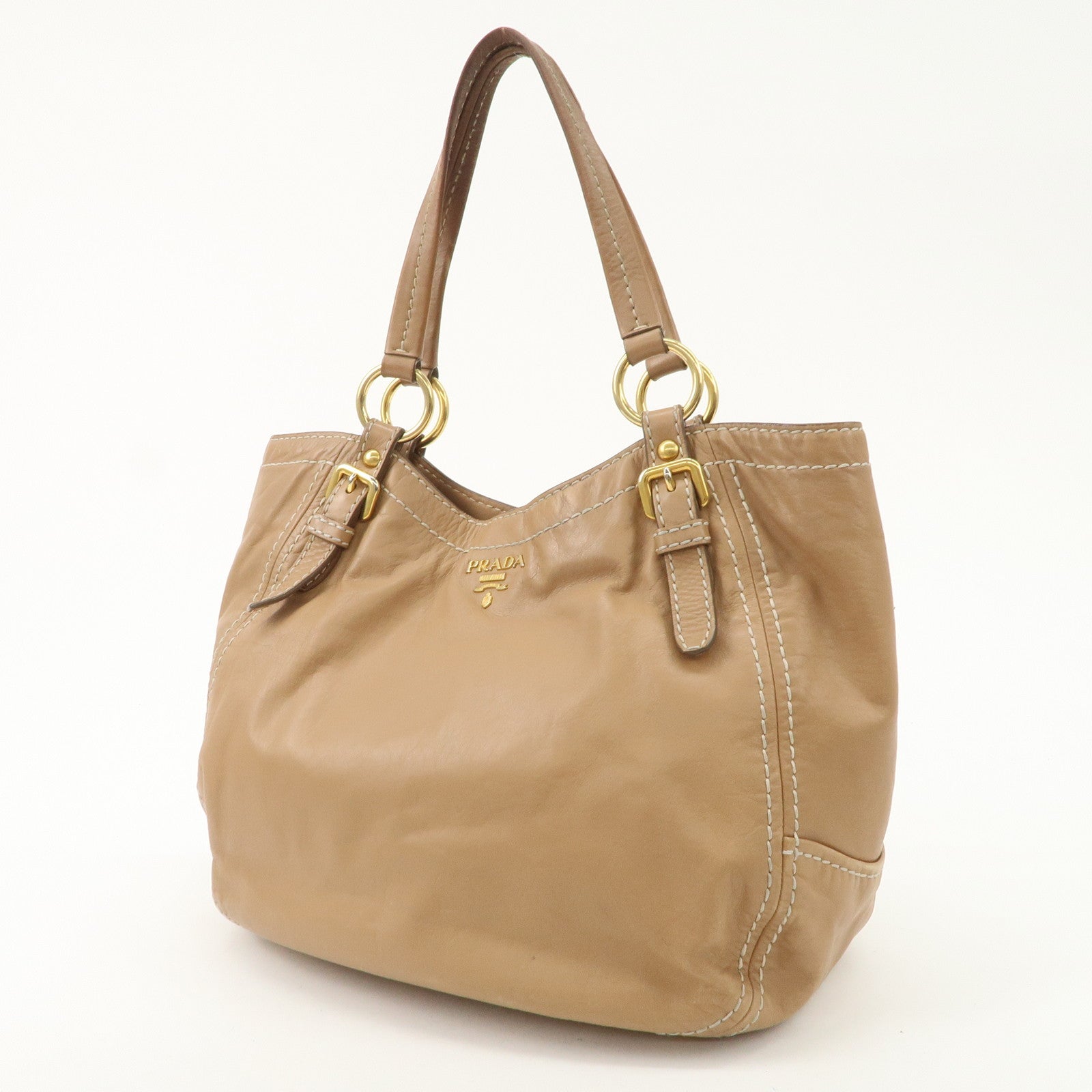 PRADA Leather Shoulder Bag Hand Bag Shoulder Bag Beige Gold BR4691 Used