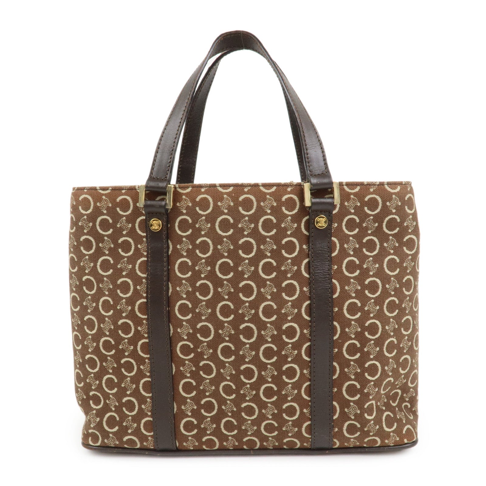 CELINE C Macadam Canvas Leather Hand Bag Brown Beige