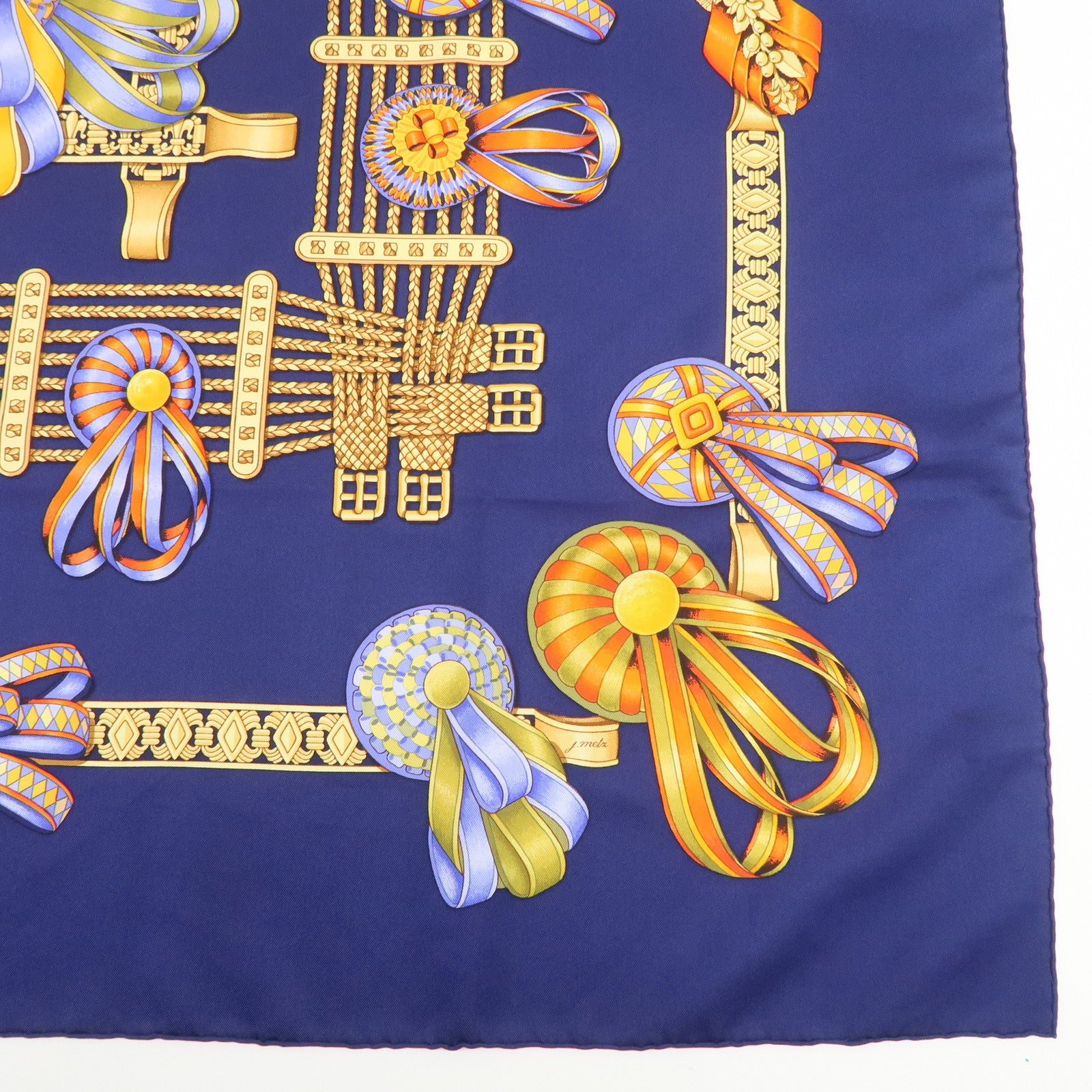 HERMES Carre 90 LES RUBANS DU CHEVAL Silk 100% Scarf Navy