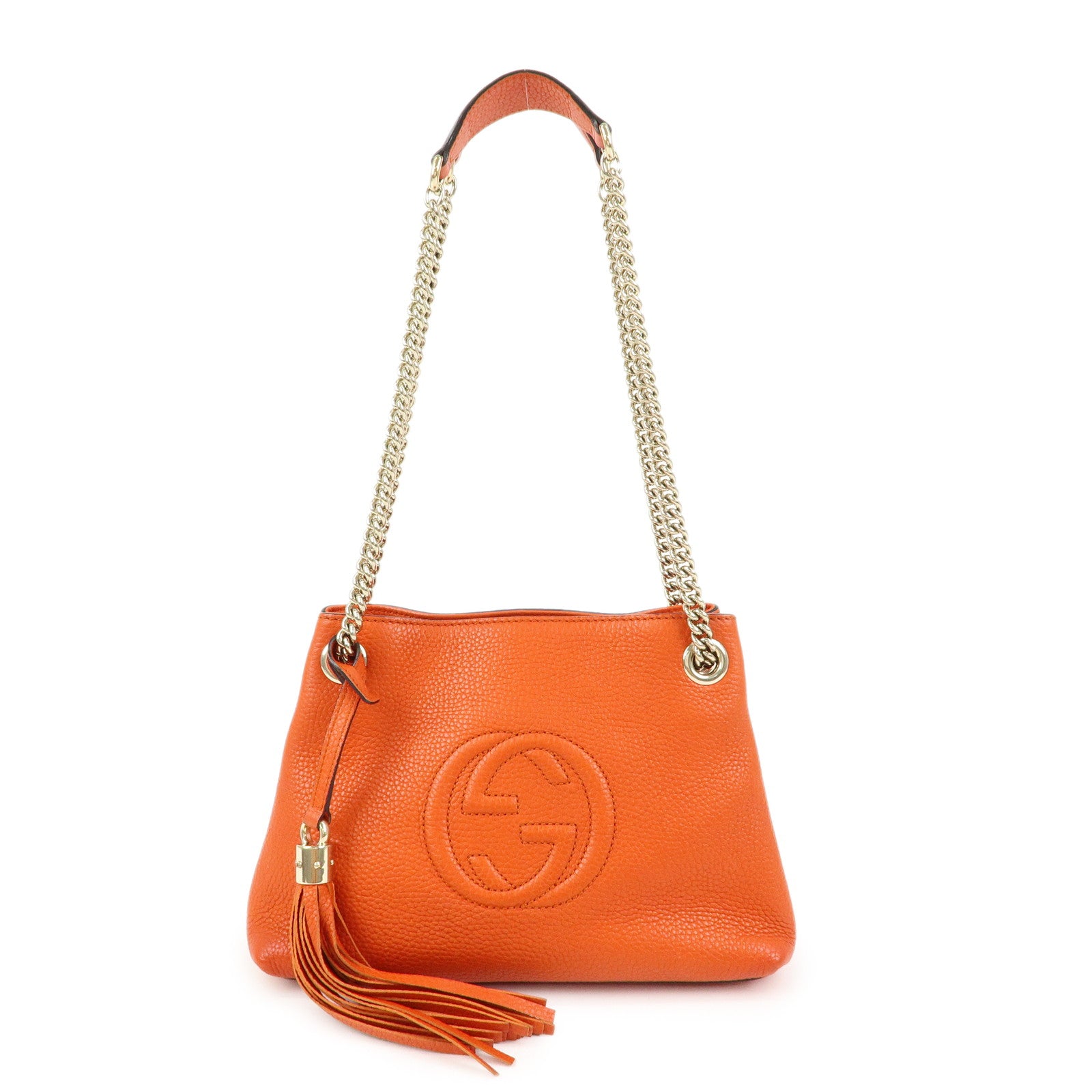 GUCCI SOHO Leather Tassel Chain Shoulder Bag Orange 387043