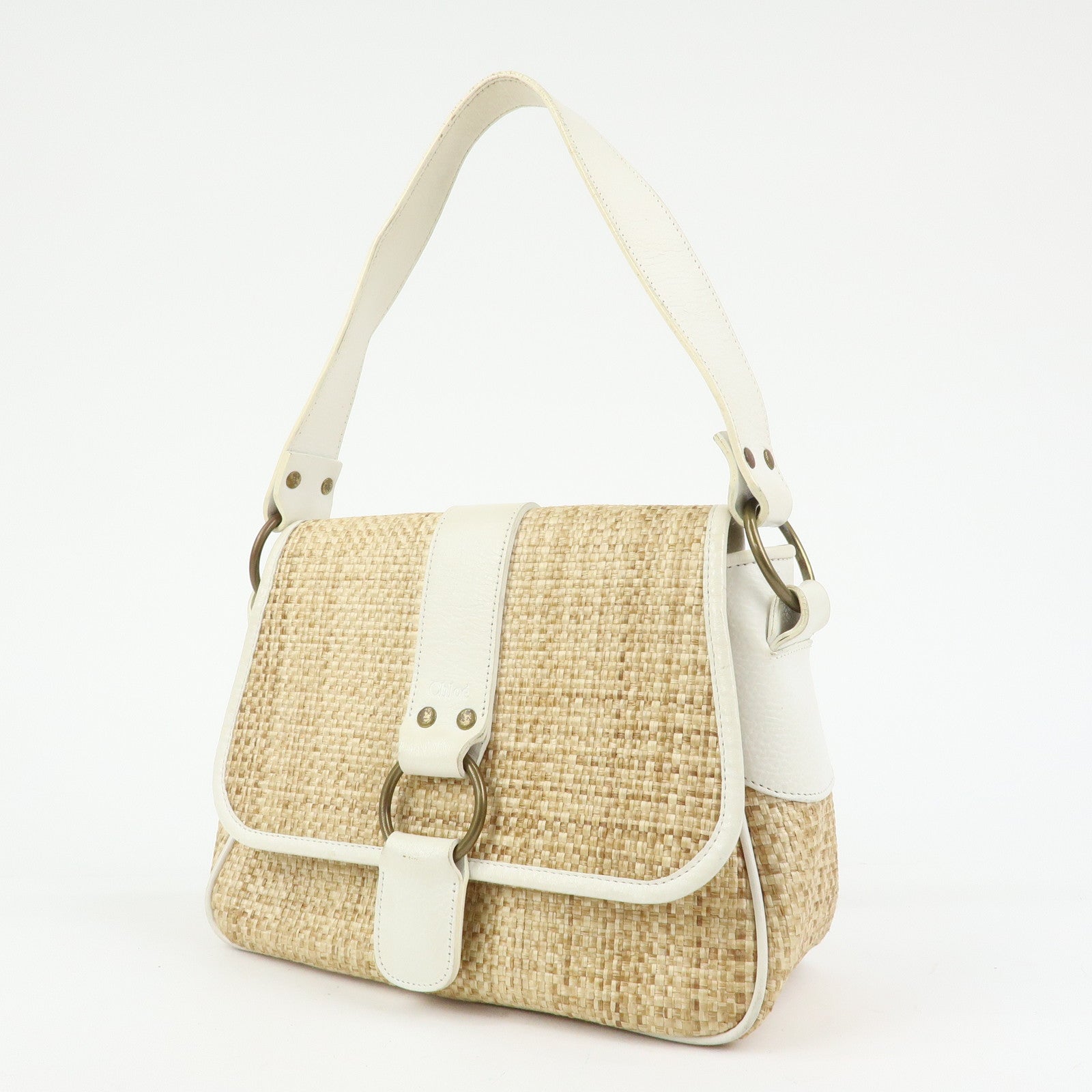 Chloe Raffia Leather Shoulder Bag Hand Bag Natural White