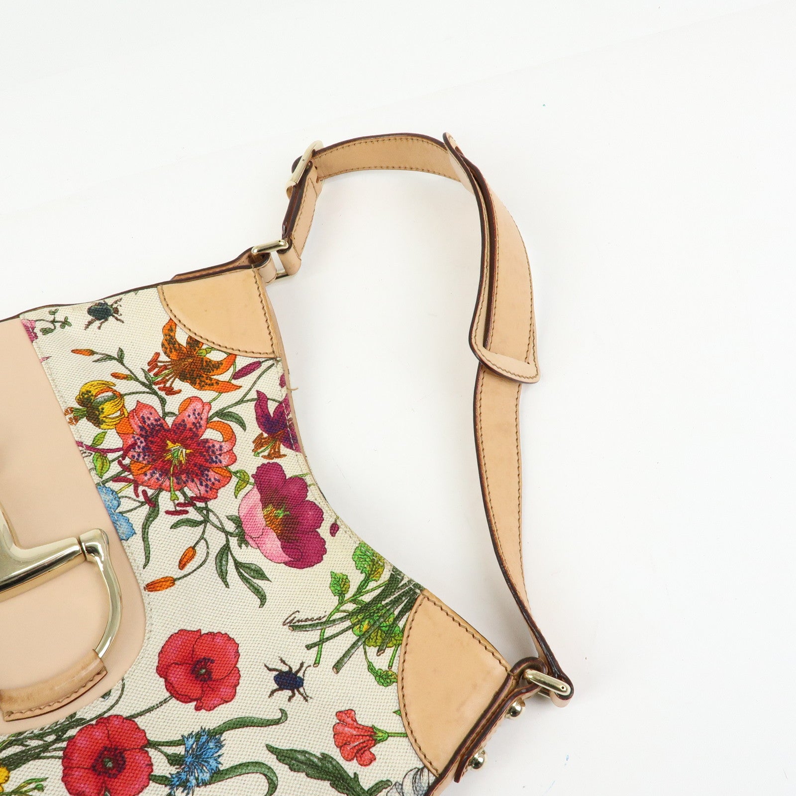GUCCI Horsebit Flora Leather Canvas Shoulder Bag Beige White 137388