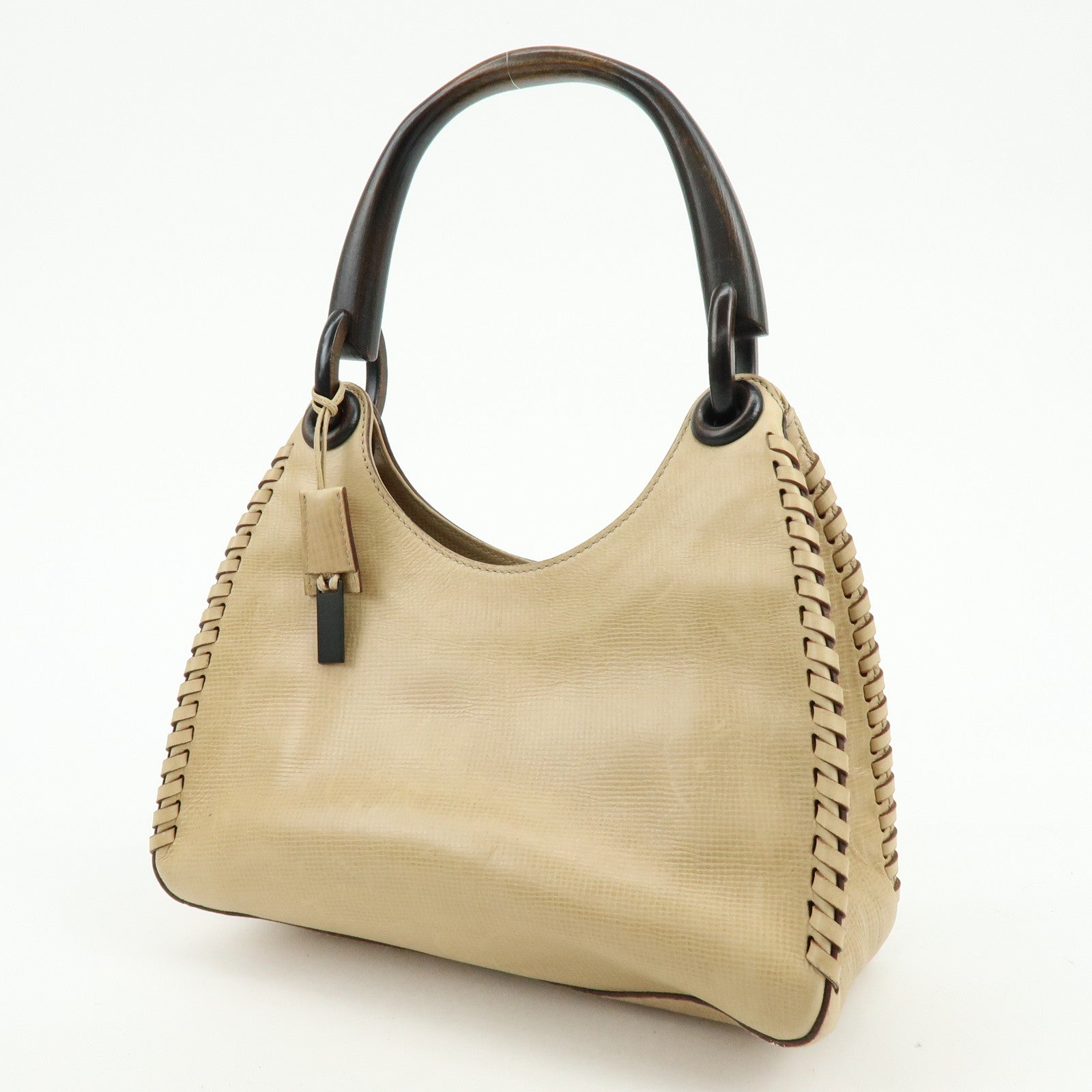 GUCCI Leather Wood Hand Bag Shoulder Bag Beige 106237