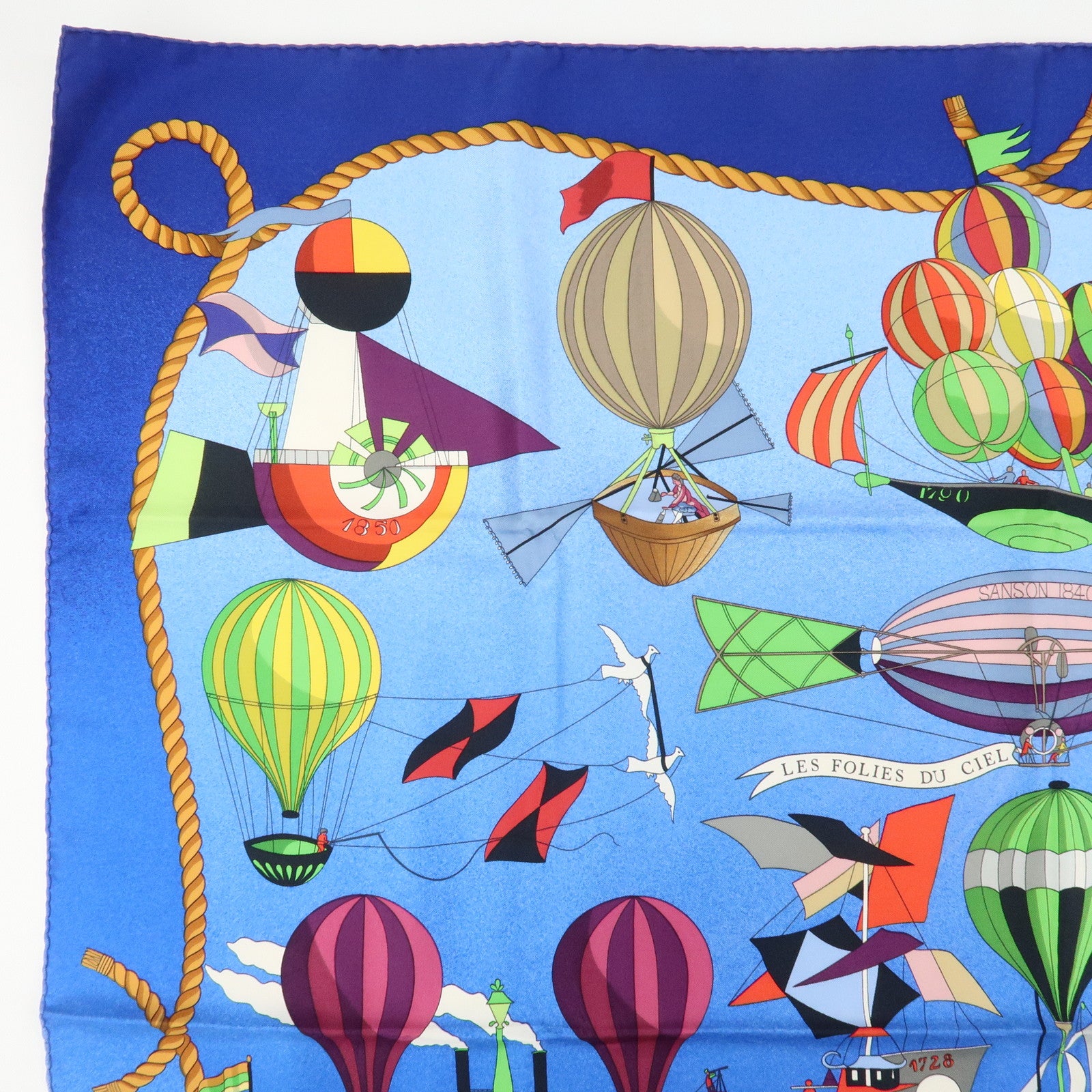 HERMES Carre 90 Silk 100% Scarf LES FOLIES DU CIEL Blue Multicolor