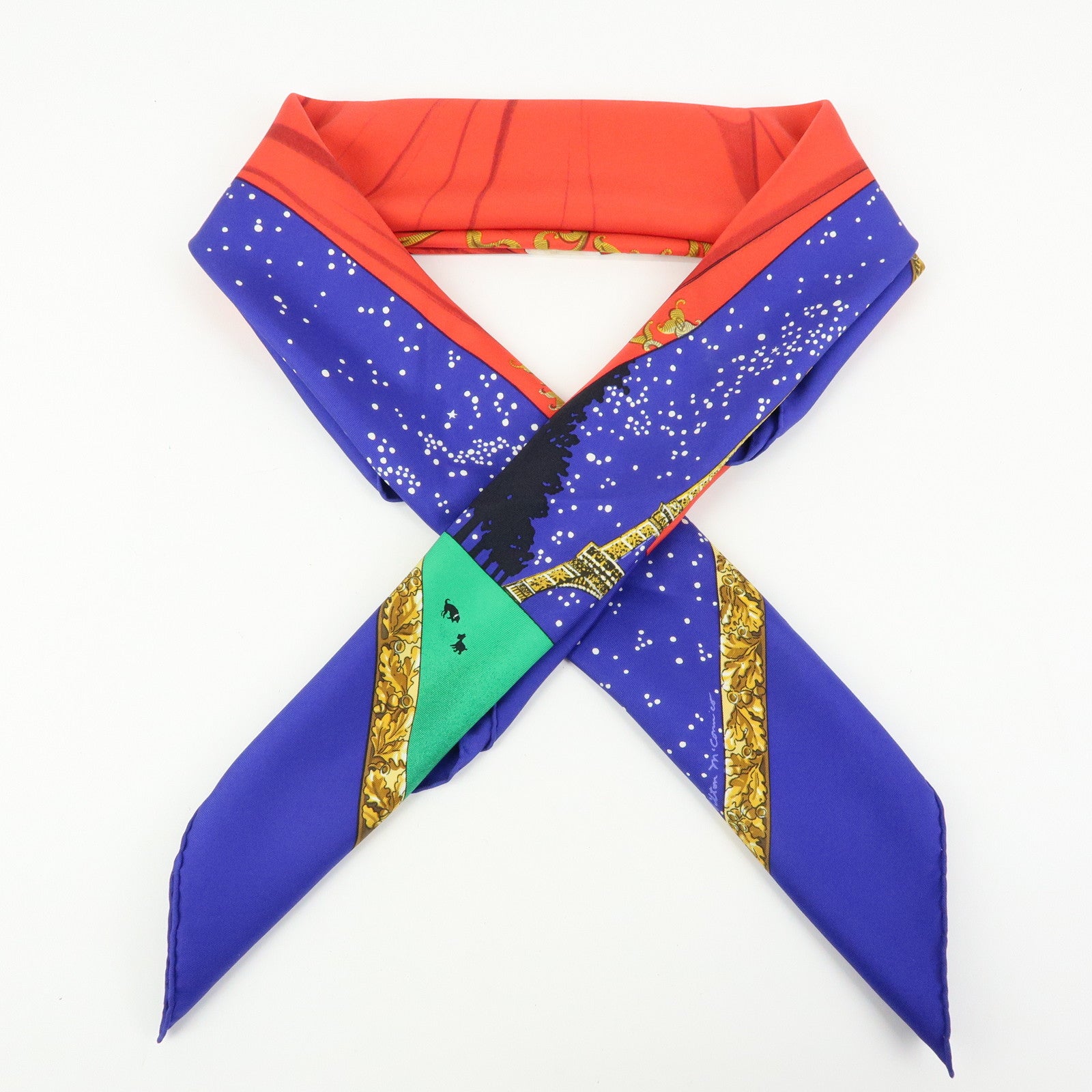 HERMES Carre 90 Silk 100% Scarf Souvenirs de Paris Blue Red Beige