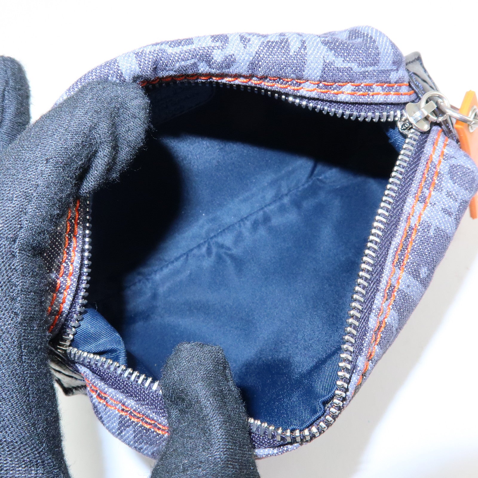 Christian Dior Trotter Flight Line Denim Leather Pouch Navy Orange