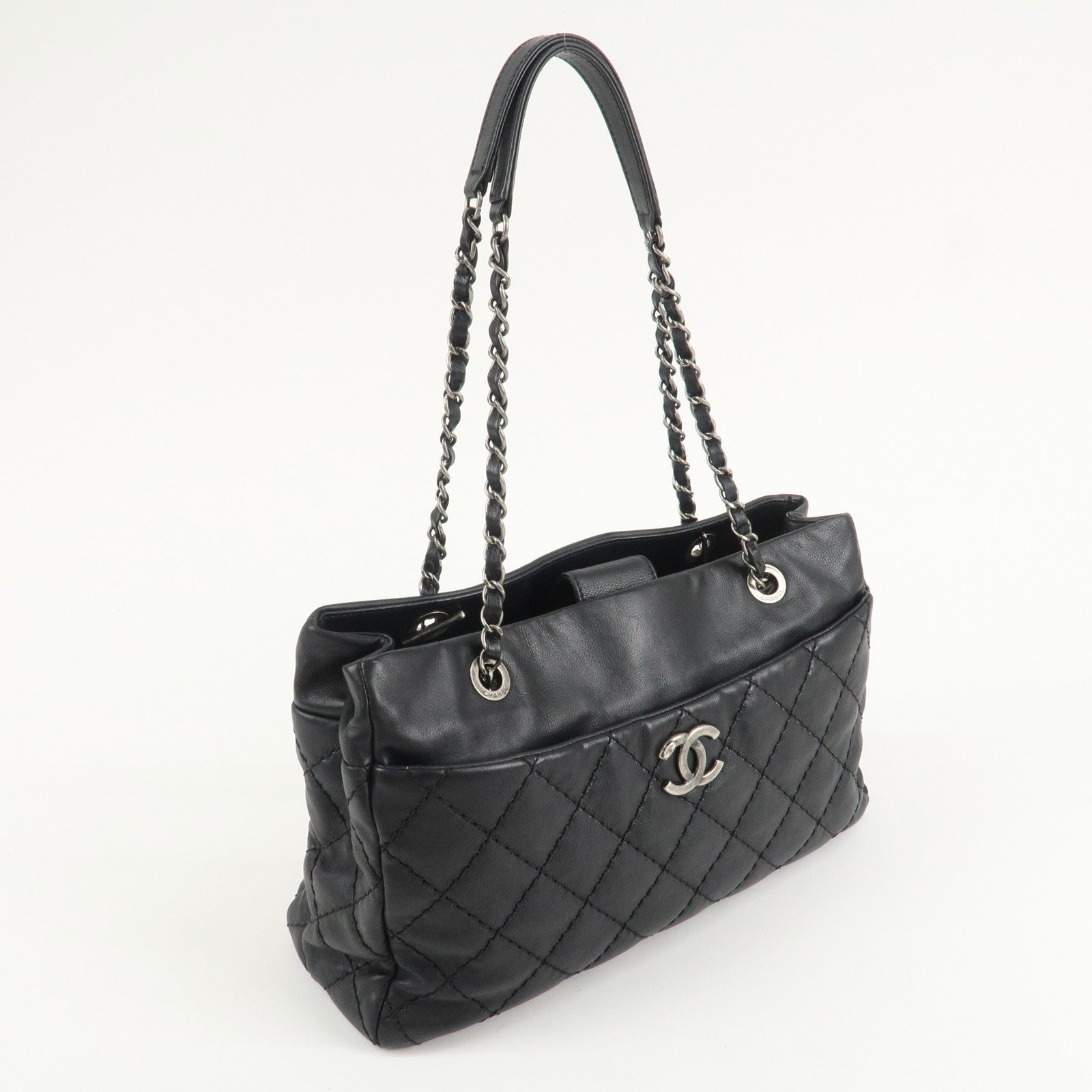 CHANEL COCO Mark Wild Stich Leather Chain Shoulder Bag Black Used