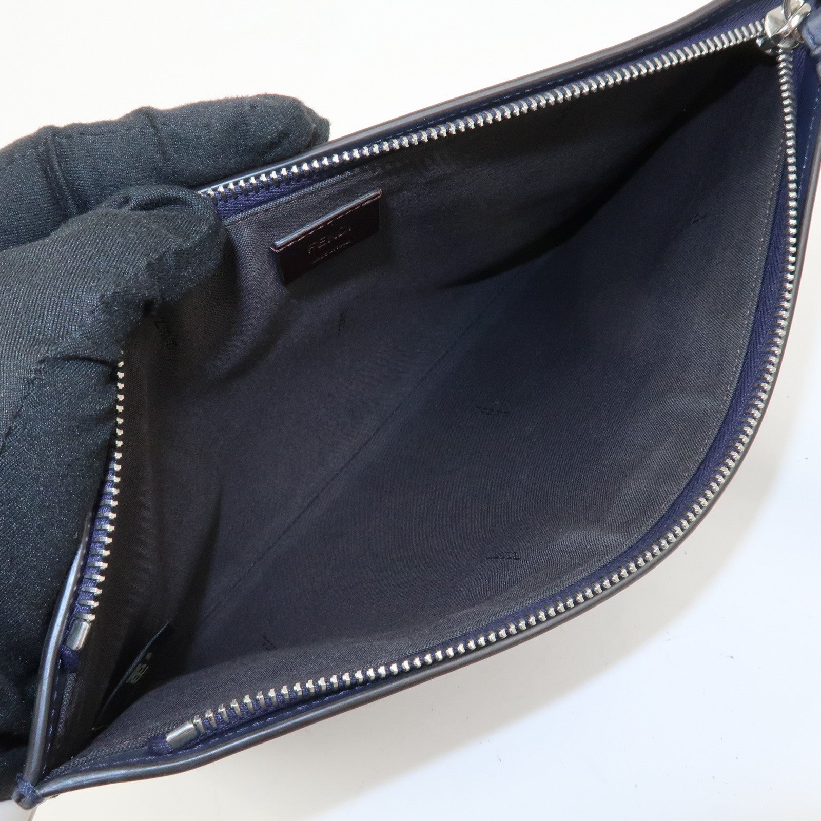 FENDI Zucca Flat Slim Canvas Leather Clutch Bag Navy 7N0134