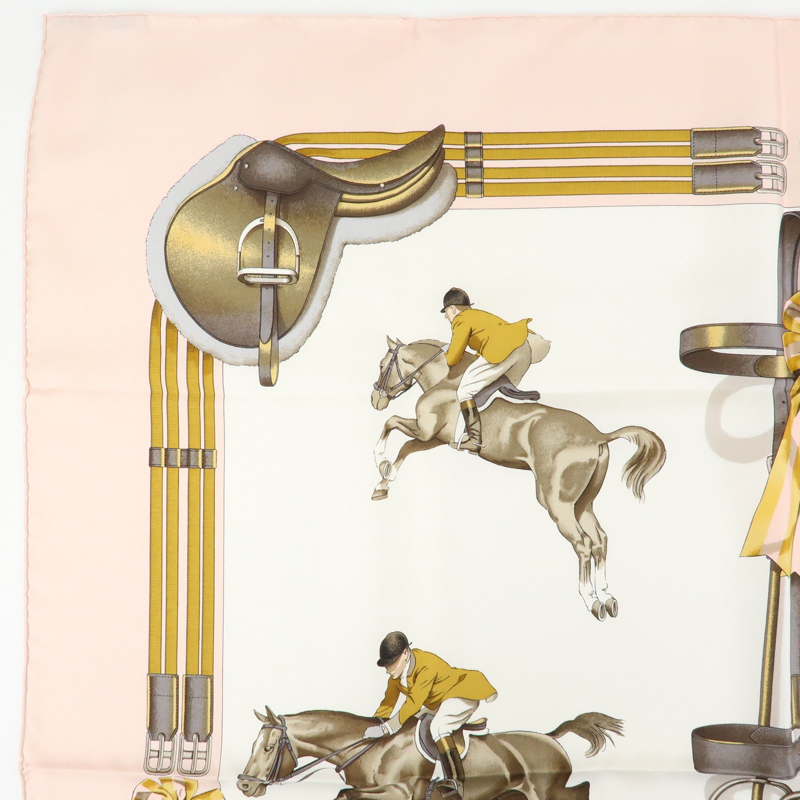 HERMES Carre 90 Silk 100% Scarf JUMPING Equestrianism Pink Brown