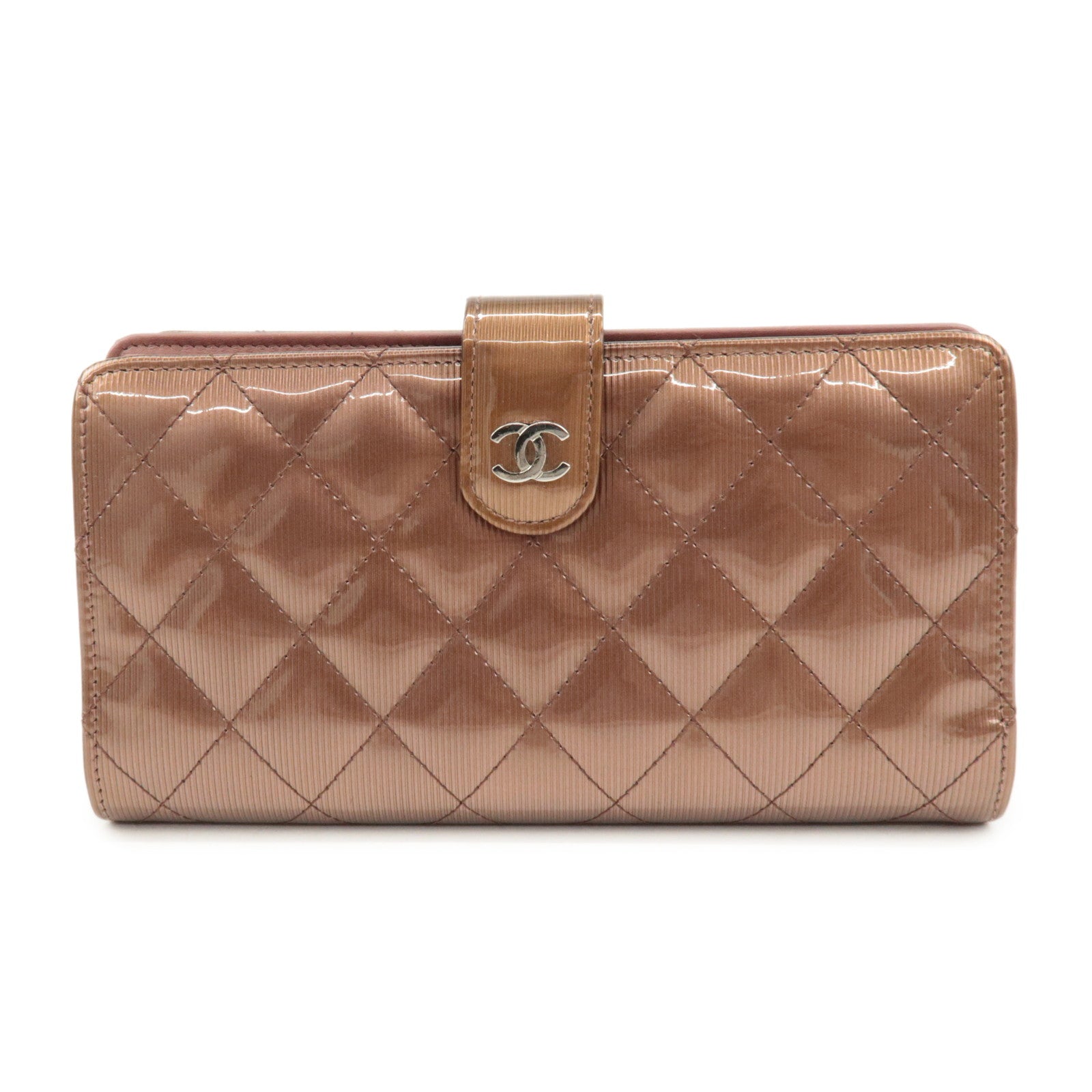 CHANEL Matelasse Patent Leather Long Wallet Silver HDW Brown Used
