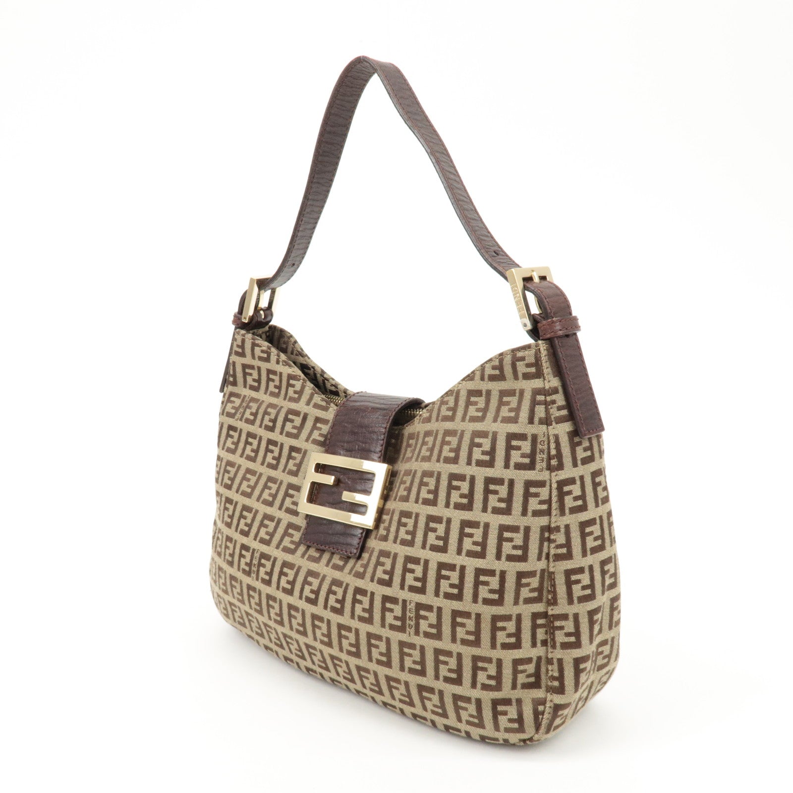 FENDI Zucchino Canvas Leather Shoulder Bag Beige Brown 8BR036 Used