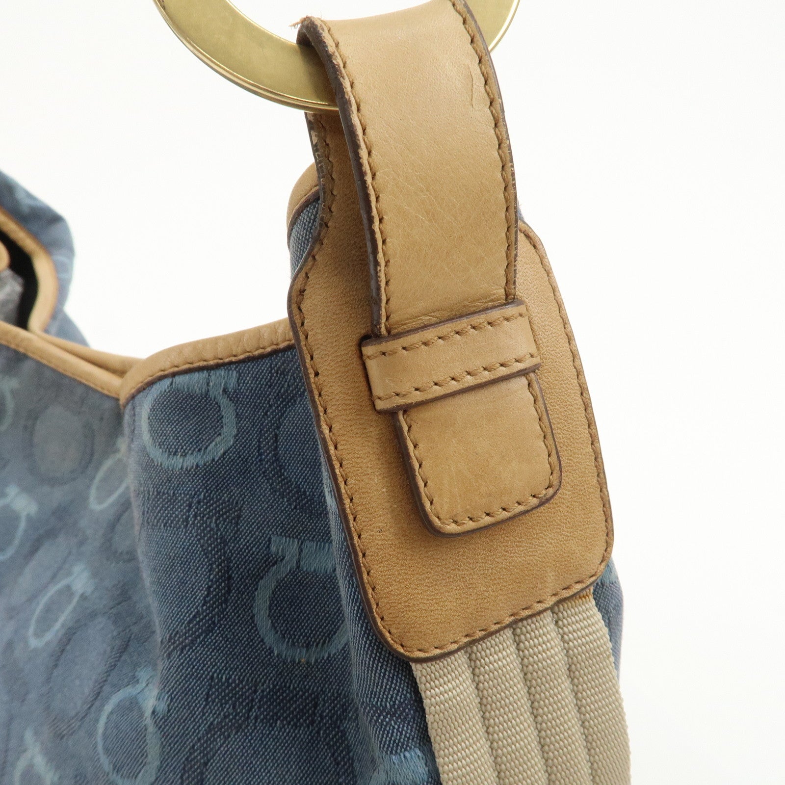 Ferragamo Gancini Canvas Leather Shoulder Bag Hand Bag Blue Beige