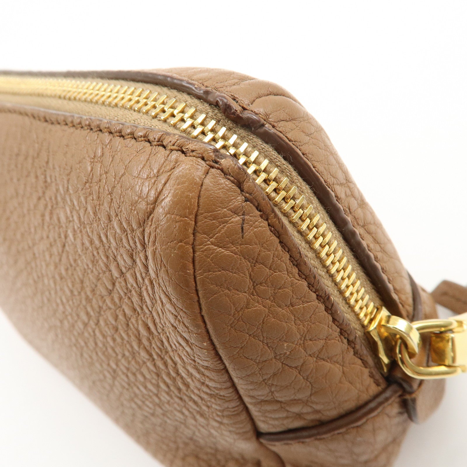 PRADA Logo Leather Pouch Cosmetic Pouch Camel