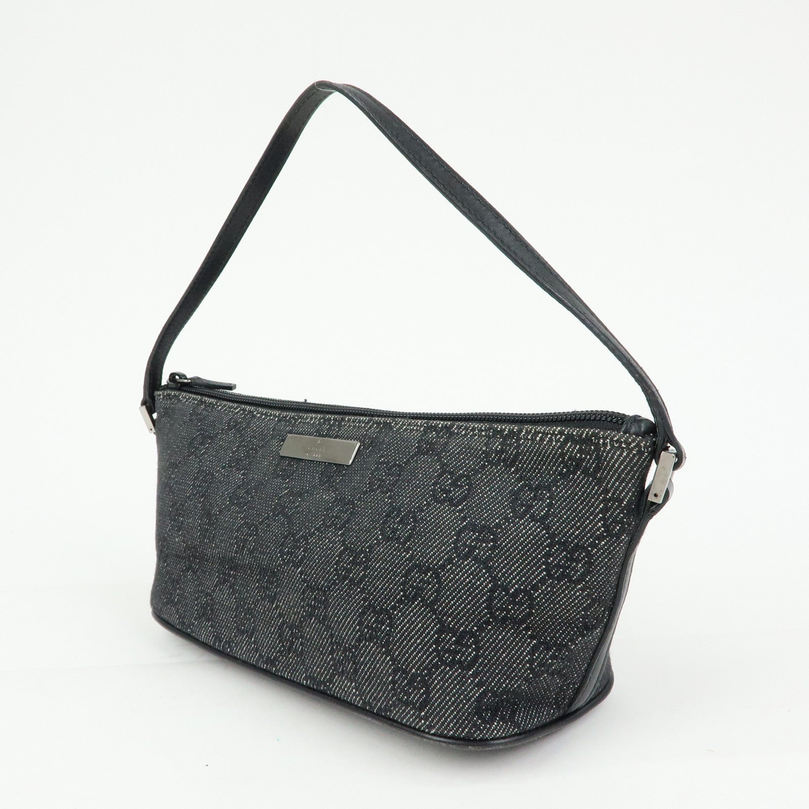 GUCCI Boat Bag GG Denim Leather Hand Bag Navy Black 07198