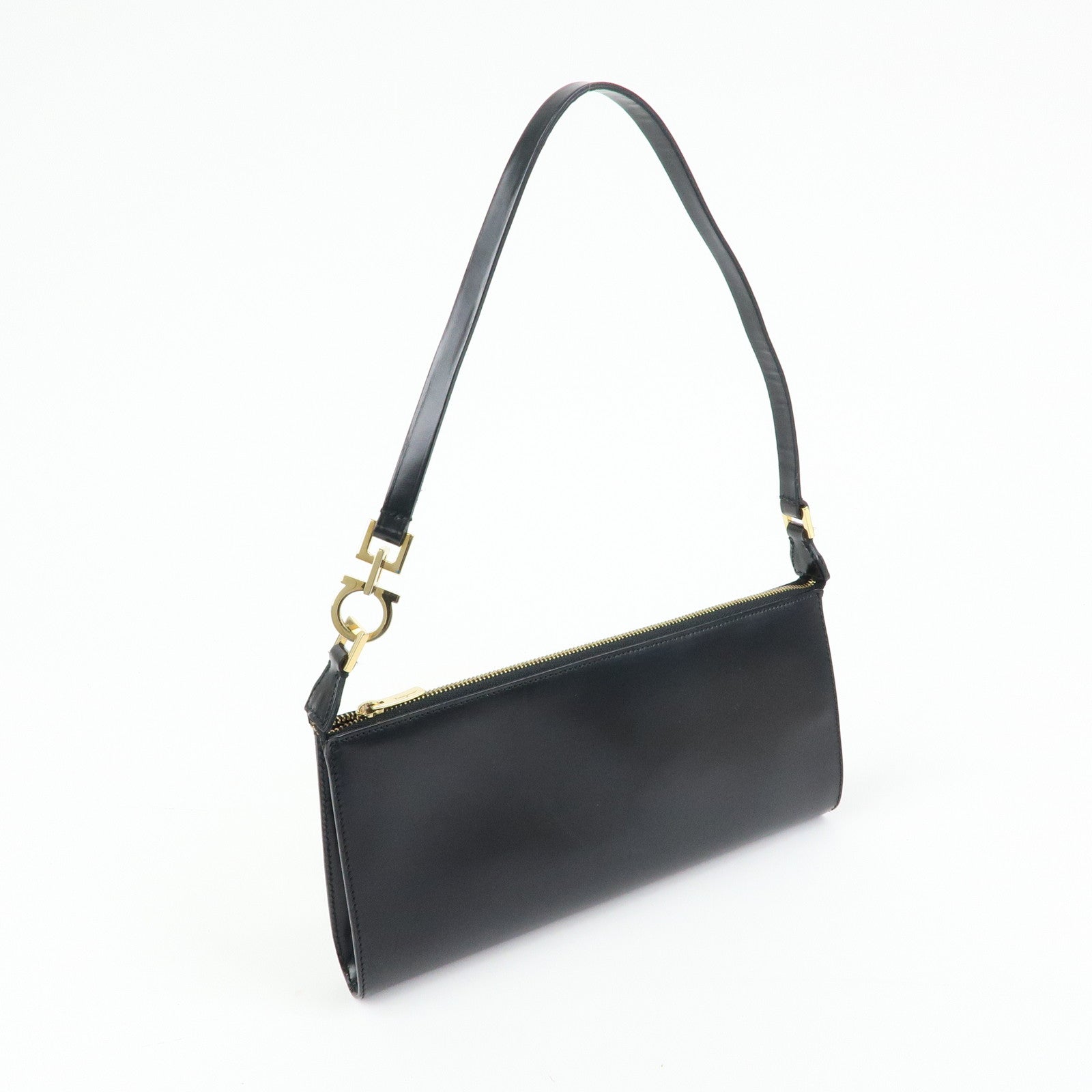 Ferragamo Ganchini Leather Shoulder Bag Hand Bag Black