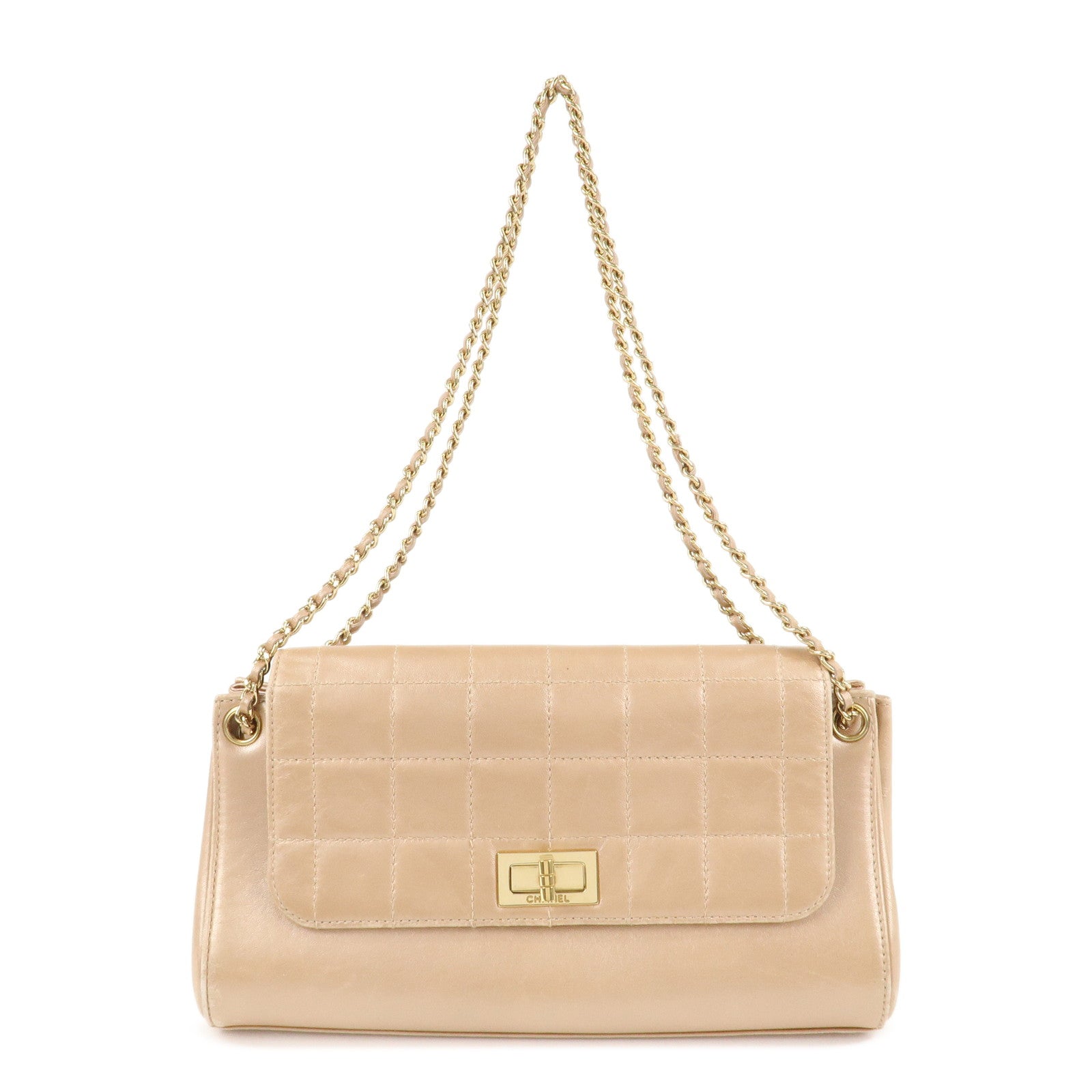 CHANEL Chocolate Bar Leather Chain Shoulder Bag Pink Gold Used