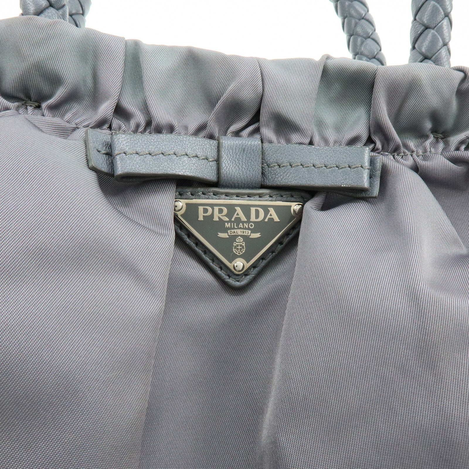 PRADA Nylon Leather 2Way Gathered Ribbon Hand Shoulder Bag Gray